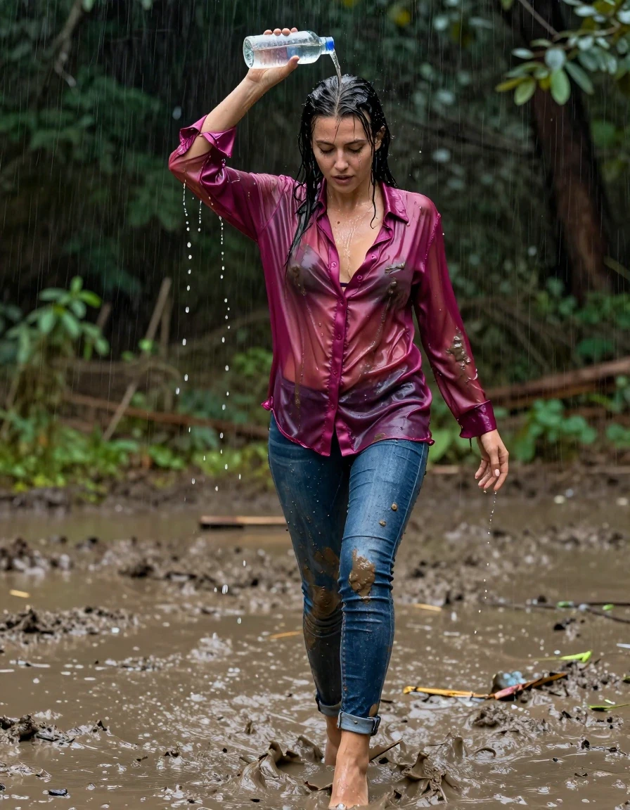 photo of young woman, in soaking wet, drenched clothes,
high-heels, blue jeans, dripping wet, shiny, see-through, tranparent, oversized magenta satin silk blouse, buttoned, long sleeves, no bra, shower, walking in a deep muddy puddle in the muddy water in the woods, pouring a bottle of muddy water over her head, 
enjoying, wet clothes stuck to body,
detailed textures of the wet clothes, wet face, wet plastered hair,
wet, drenched, professional, high-quality details, full body view.
sharp focus, ultra-high pixel detail, realistic, high-quality, full colors, incredibly detailed, 4k, 8k, 16k, hyper-realistic, RAW photo, masterpiece, ultra-detailed, professionally color graded, professional photograph, muddy clothes, heavy rain, completely soaked, drenched, dripping wet, visible breasts, wet skin, mud in her hair, wet clothes, damp fabric, wet skin, wet clothes, damp fabric, wet skin, wet clothes, damp fabric, wet skin, wet clothes, damp fabric, wet clothes, damp fabric, wet skin, wet clothes, damp fabric