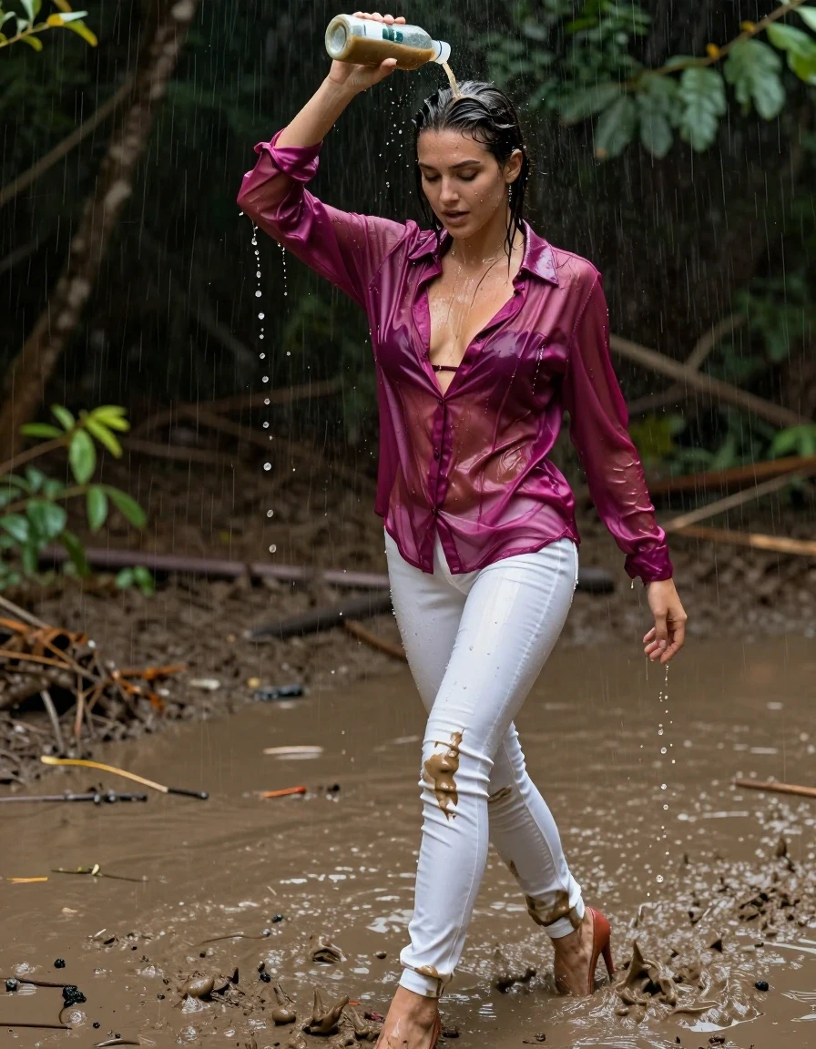 photo of young woman, in soaking wet, drenched clothes,
high-heels, white jeans, dripping wet, shiny, see-through, tranparent, oversized magenta satin silk blouse, buttoned, long sleeves, no bra, shower, walking in a knee deep muddy puddle in the muddy water in the woods, pouring a bottle of muddy water over her head, 
enjoying, wet clothes stuck to body,
detailed textures of the wet clothes, wet face, wet plastered hair,
wet, drenched, professional, high-quality details, full body view.
sharp focus, ultra-high pixel detail, realistic, high-quality, full colors, incredibly detailed, 4k, 8k, 16k, hyper-realistic, RAW photo, masterpiece, ultra-detailed, professionally color graded, professional photograph, muddy clothes, heavy rain, completely soaked, drenched, dripping wet, visible breasts, wet skin, mud in her hair, wet clothes, damp fabric, wet skin, wet clothes, damp fabric, wet skin, wet clothes, damp fabric, wet skin, wet clothes, damp fabric, wet clothes, damp fabric, wet skin, wet clothes, damp fabric