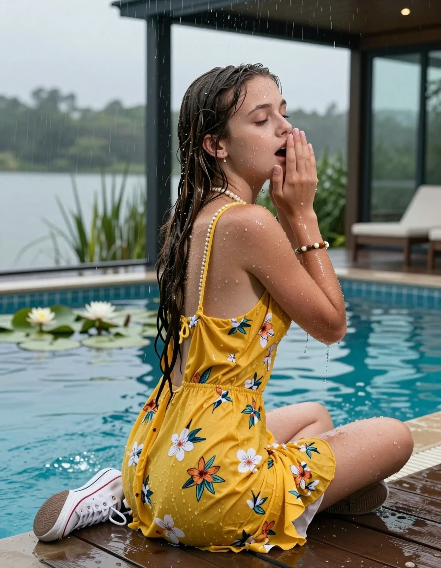 photo of young woman, in soaking wet, drenched clothes,
White converse, , Yellow floral summer dress, shoulderbag, pearl necklace, bracelet, wristwatch, jetty by the lake with water lilies and reeds, 
enjoying, wet clothes stuck to body,
detailed textures of the wet clothes, wet face, wet plastered hair,
wet, drenched, professional, high-quality details, full body view.
sharp focus, ultra-high pixel detail, realistic, high-quality, full colors, incredibly detailed, 4k, 8k, 16k, hyper-realistic, RAW photo, masterpiece, ultra-detailed, professionally color graded, professional photograph, A realistic vertical fashion photograph taken from a backward, behind-the-back angle of a. Young horny 12-year-old teengirl sitting, leaning forward and let her falling in a glass-walled outdoor swimming pool, facing up to the camera to show her back. 

She is tilting her head at camera, letting the water drench her hair so it is glued flat against her head and body. 
She has  brunette Sleek Long straight hair with braids, completely saturated and dripping wet hair, with water cascading down her face and neck. Afraid and astonished expression. She is a Little Bit fearful. Hold her hands over her mouth. Closed eyes.

The lighting is bright and cinematic, highlighting the glistening water droplets and the saturated texture of her  casual clothes. Outside the large glass wall of the pool building, heavy rain is visible falling against the window. Soft, moody indoor lighting with reflections on the water. High-quality fashion photography style.
her clothing is soaking wet and clinging tightly to her skin, showing heavy wet  darkened fabric texture, her clothes are heavy from the water, water runs from her body and her clothes in streams. A lot of water also runs out of her clothes. Her clothes are darkened by the water. 
hyper-realistic wetness, high-contrast water sheen, sharp focus, 16k resolution, professional photography, realistic water physics., wet skin, wet clothes, damp fabric., wet skin, wet clothes, damp fabric, wet skin, wet clothes, damp fabric, wet skin, wet clothes, damp fabric, wet skin, wet clothes, damp fabric, wet skin, wet clothes, damp fabric, wet skin, wet clothes, damp fabric, wet skin, wet clothes, damp fabric, wet skin, wet clothes, damp fabric, wet skin, wet clothes, damp fabric