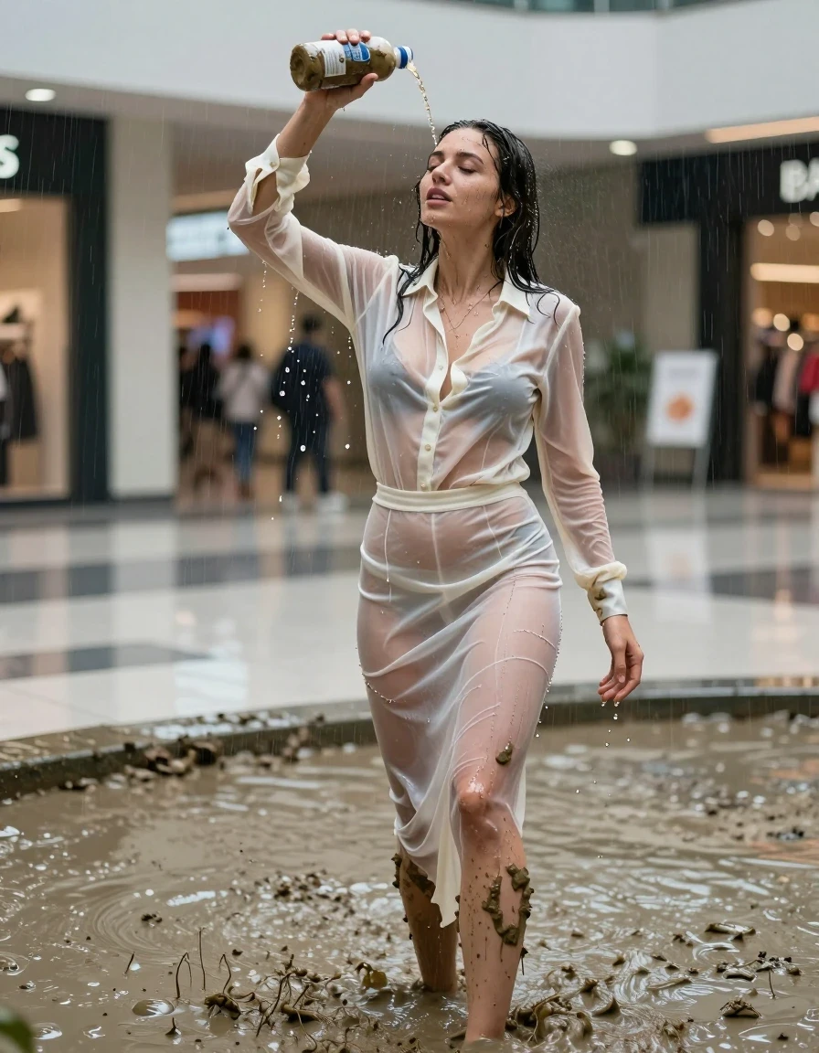 photo of young woman, in soaking wet, drenched clothes,
high-heels, see-through, transparent, crean white satin silk slim floor-length skirt, see-through, tranparent, cream white satin silk blouse, buttoned, long sleeves, no underwear, standing in a muddy shower in the muddy water in the shopping mall, pouring a bottle of muddy water over her head, 
enjoying, wet clothes stuck to body,
detailed textures of the wet clothes, wet face, wet plastered hair,
wet, drenched, professional, high-quality details, full body view.
sharp focus, ultra-high pixel detail, realistic, high-quality, full colors, incredibly detailed, 4k, 8k, 16k, hyper-realistic, RAW photo, masterpiece, ultra-detailed, professionally color graded, professional photograph, muddy clothes, heavy rain, completely soaked, drenched, dripping wet, visible breasts, wet skin, wet clothes, damp fabric, wet skin, wet clothes, damp fabric, wet skin, wet clothes, damp fabric, wet skin, wet clothes, damp fabric, wet skin, wet clothes, damp fabric, wet skin, wet clothes, damp fabric