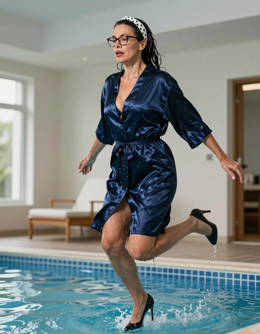 photo of young woman, in soaking wet, drenched clothes,
high-heeled shoes, maxi dark blue Satin housecoat, maxi dark blue Satin housecoat, jumping in indoor swimming pool, 
enjoying, wet clothes stuck to body,
detailed textures of the wet clothes, wet face, wet plastered hair,
wet, drenched, professional, high-quality details, full body view.
sharp focus, ultra-high pixel detail, realistic, high-quality, full colors, incredibly detailed, 4k, 8k, 16k, hyper-realistic, RAW photo, masterpiece, ultra-detailed, professionally color graded, professional photograph, european brunette skinny woman 50 years old, long dark black hair, white polka-dot headband, office glasses, very big and thick lips, complete body, wet skin, wet clothes, damp fabric, wet skin, wet clothes, damp fabric, wet skin, wet clothes, damp fabric, wet skin, wet clothes, damp fabric, wet skin, wet clothes, damp fabric, wet skin, wet clothes, damp fabric, wet skin, wet clothes, damp fabric