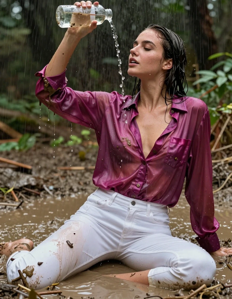 photo of young woman, in soaking wet, drenched clothes,
, white jeans, dripping wet, shiny, see-through, tranparent, oversized magenta satin silk blouse, buttoned, long sleeves, no bra, shower, lying in a knee deep muddy puddle in the muddy water in the woods, pouring a bottle of muddy water over her head, 
enjoying, wet clothes stuck to body,
detailed textures of the wet clothes, wet face, wet plastered hair,
wet, drenched, professional, high-quality details, full body view.
sharp focus, ultra-high pixel detail, realistic, high-quality, full colors, incredibly detailed, 4k, 8k, 16k, hyper-realistic, RAW photo, masterpiece, ultra-detailed, professionally color graded, professional photograph, muddy clothes, heavy rain, completely soaked, drenched, dripping wet, visible breasts, wet skin, mud in her hair, wet clothes, damp fabric, wet skin, wet clothes, damp fabric, wet skin, wet clothes, damp fabric, wet skin, wet clothes, damp fabric, wet clothes, damp fabric, wet skin, wet clothes, damp fabric