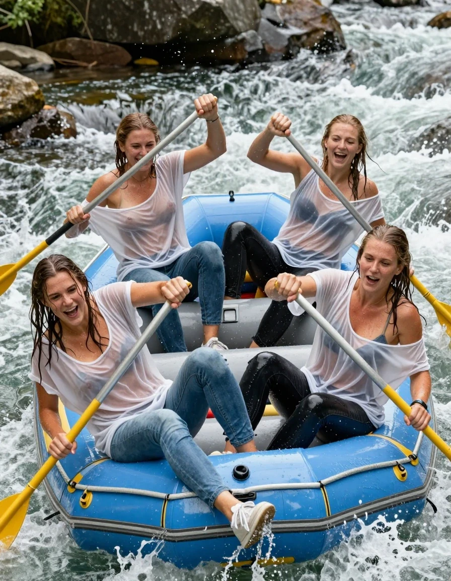 photo of young woman, in soaking wet, drenched clothes,
sneakers, blue jeans, oversized summer top, no bra, wild river, 
enjoying, wet clothes stuck to body,
detailed textures of the wet clothes, wet face, wet plastered hair,
wet, drenched, professional, high-quality details, full body view.
sharp focus, ultra-high pixel detail, realistic, high-quality, full colors, incredibly detailed, 4k, 8k, 16k, hyper-realistic, RAW photo, masterpiece, ultra-detailed, professionally color graded, professional photograph, four 25 year old nordic girls in a inflatable rafting boat do a wild water rafting. all four girls wear jeans and a thin oversized top. the river is very wild.  Water splashes into the boat from all sides, drenching the women. Spray splashes onto the women. Their clothing is completely soaked and clings to their bodies. Each woman holds an oar and is paddling. The women are laughing heartily. None of the women are wearing a bra under the shirt; the thin fabric perfectly outlines the shape of their breasts and nipples. show a dynamic photo, whenn the boat capsizes, all girls fall into the river, wet skin, wet clothes, damp fabric