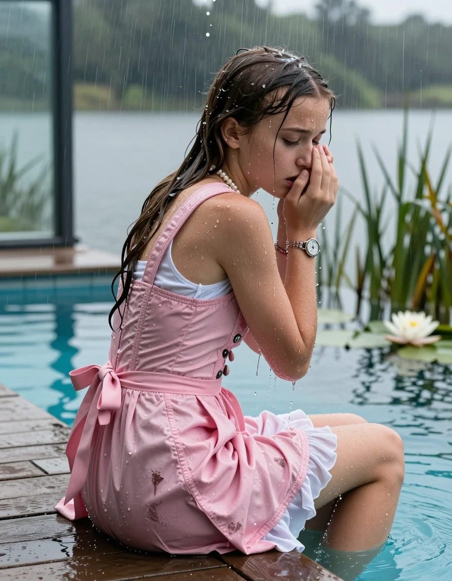 photo of young woman, in soaking wet, drenched clothes,
White converse, , Short pink Dirndl, shoulderbag, pearl necklace, bracelet, wristwatch, jetty by the lake with water lilies and reeds, 
enjoying, wet clothes stuck to body,
detailed textures of the wet clothes, wet face, wet plastered hair,
wet, drenched, professional, high-quality details, full body view.
sharp focus, ultra-high pixel detail, realistic, high-quality, full colors, incredibly detailed, 4k, 8k, 16k, hyper-realistic, RAW photo, masterpiece, ultra-detailed, professionally color graded, professional photograph, A realistic vertical fashion photograph taken from a backward, behind-the-back angle of a. Young horny 12-year-old teengirl sitting, leaning forward and let her falling in a glass-walled outdoor swimming pool, facing up to the camera to show her back. 

She is tilting her head at camera, letting the water drench her hair so it is glued flat against her head and body. 
She has  brunette Sleek Long straight hair with braids, completely saturated and dripping wet hair, with water cascading down her face and neck. Afraid and astonished expression. She is a Little Bit fearful. Hold her hands over her nose. Closed eyes.

The lighting is bright and cinematic, highlighting the glistening water droplets and the saturated texture of her  casual clothes. Outside the large glass wall of the pool building, heavy rain is visible falling against the window. Soft, moody indoor lighting with reflections on the water. High-quality fashion photography style.
her clothing is soaking wet and clinging tightly to her skin, showing heavy wet folds, darkened fabric texture, and deep water-saturated Patches, her clothes are heavy from the water, water runs from her body and her clothes in streams. A lot of water also runs out of her clothes. Her clothes are darkened by the water. 
hyper-realistic wetness, high-contrast water sheen, sharp focus, 16k resolution, professional photography, realistic water physics., wet skin, wet clothes, damp fabric., wet skin, wet clothes, damp fabric, wet skin, wet clothes, damp fabric, wet skin, wet clothes, damp fabric, wet skin, wet clothes, damp fabric, wet skin, wet clothes, damp fabric, wet skin, wet clothes, damp fabric, wet skin, wet clothes, damp fabric, wet skin, wet clothes, damp fabric, wet skin, wet clothes, damp fabric