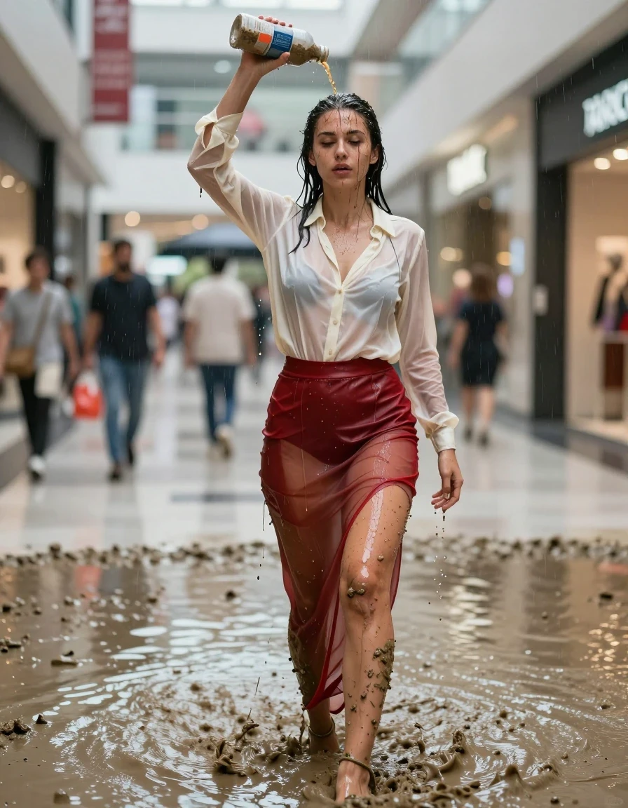 photo of young woman, in soaking wet, drenched clothes,
high-heels, see-through, transparent, light red satin silk slim floor-length skirt, see-through, tranparent, cream white silk blouse, buttoned, long sleeves, no underwear, standing in a muddy shower in the muddy water in the shopping mall, pouring a bottle of muddy water over her head, 
enjoying, wet clothes stuck to body,
detailed textures of the wet clothes, wet face, wet plastered hair,
wet, drenched, professional, high-quality details, full body view.
sharp focus, ultra-high pixel detail, realistic, high-quality, full colors, incredibly detailed, 4k, 8k, 16k, hyper-realistic, RAW photo, masterpiece, ultra-detailed, professionally color graded, professional photograph, heavy rain, completely soaked, drenched, dripping wet, visible breasts, wet skin, wet clothes, damp fabric, wet skin, wet clothes, damp fabric, wet skin, wet clothes, damp fabric, wet skin, wet clothes, damp fabric, wet skin, wet clothes, damp fabric, wet skin, wet clothes, damp fabric