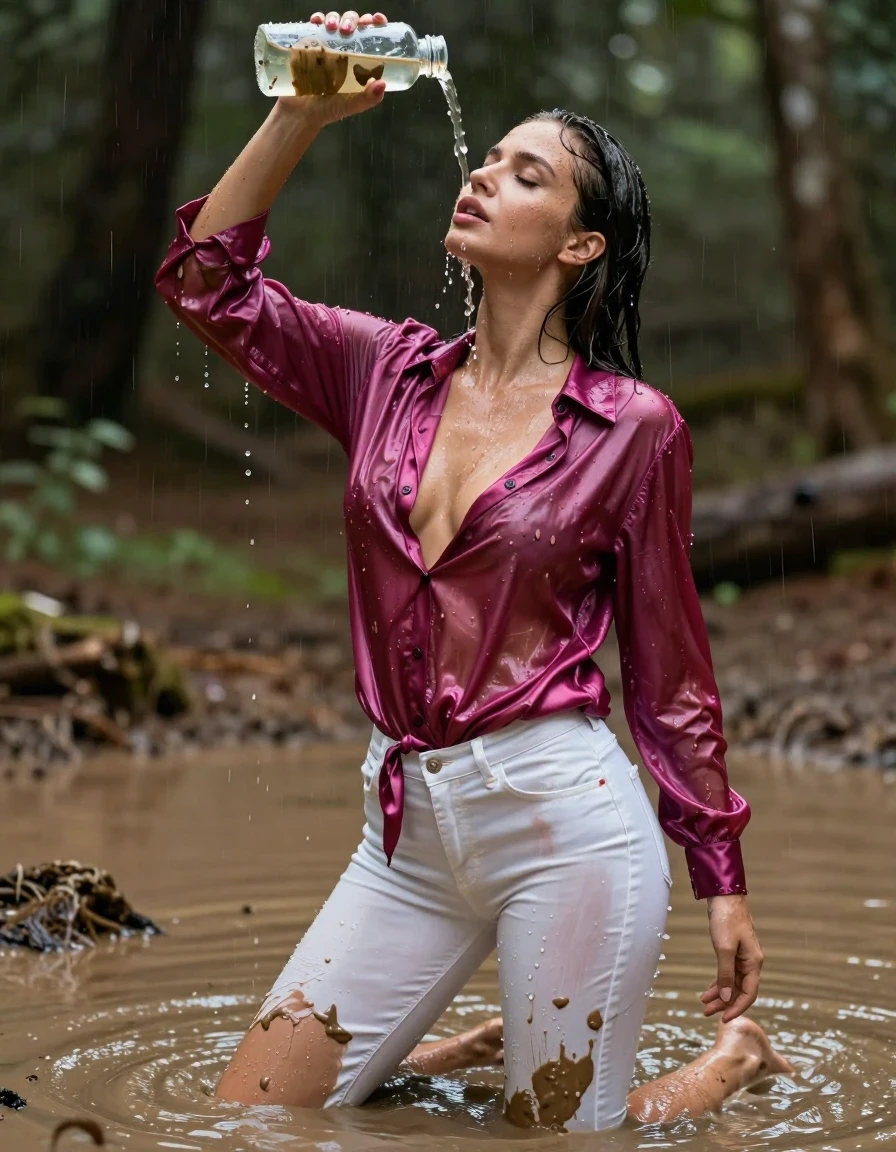 photo of young woman, in soaking wet, drenched clothes,
, white long jeans, dripping wet, shiny, see-through, tranparent, oversized long magenta satin silk blouse, buttoned, long sleeves, no bra, shower, standing in a knee deep muddy puddle in the muddy water in the woods, pouring a bottle of muddy water over her head, 
enjoying, wet clothes stuck to body,
detailed textures of the wet clothes, wet face, wet plastered hair,
wet, drenched, professional, high-quality details, full body view.
sharp focus, ultra-high pixel detail, realistic, high-quality, full colors, incredibly detailed, 4k, 8k, 16k, hyper-realistic, RAW photo, masterpiece, ultra-detailed, professionally color graded, professional photograph, pourin water on her breasts, muddy clothes, heavy rain, completely soaked, drenched, dripping wet, visible breasts, wet skin, mud in her hair, wet clothes, damp fabric, wet skin, wet clothes, damp fabric, wet skin, wet clothes, damp fabric, wet skin, wet clothes, damp fabric, wet clothes, damp fabric, wet skin, wet clothes, damp fabric