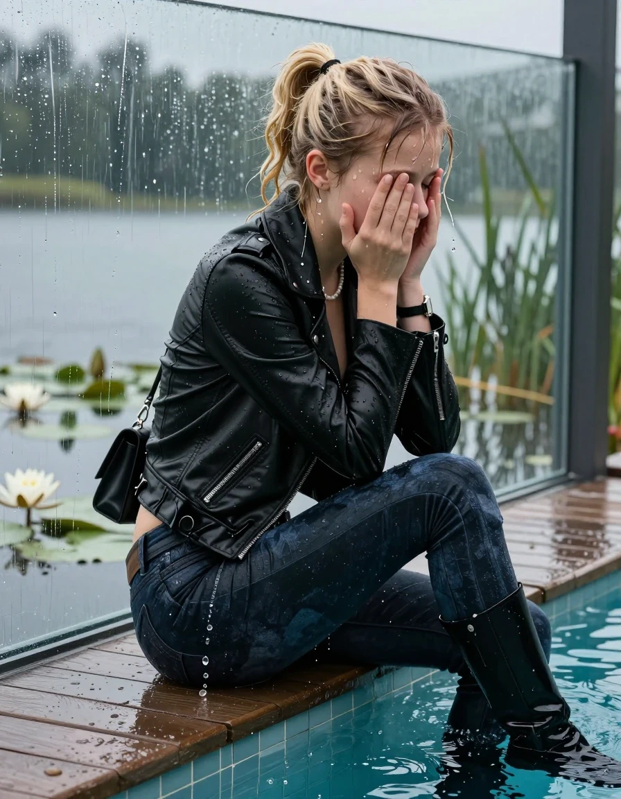 photo of young woman, in soaking wet, drenched clothes,
Black high boots, Thight levis skinny jeans, Black biker leatherjacket, tight v-neck sweater, shoulderbag, pearl necklace, bracelet, wristwatch, glasses, Orgasm at jetty by the lake with water lilies and reeds, 
enjoying, wet clothes stuck to body,
detailed textures of the wet clothes, wet face, wet plastered hair,
wet, drenched, professional, high-quality details, full body view.
sharp focus, ultra-high pixel detail, realistic, high-quality, full colors, incredibly detailed, 4k, 8k, 16k, hyper-realistic, RAW photo, masterpiece, ultra-detailed, professionally color graded, professional photograph, A realistic vertical fashion photograph taken from a backward, behind-the-back angle of a Young horny 12-year-old teengirl sitting  and let her falling in a glass-walled outdoor swimming pool, facing down to the camera to show her back. 

She is tilting her head at camera, letting the water drench her hair so it is glued flat against her head and body. 
She has  blonde twisted ponytail with bangs, completely saturated and dripping wet hair, with water cascading down her face and neck. Afraid and astonished expression. She is a Little Bit fearful. Hold her hands over her face. Closed eyes.

The lighting is bright and cinematic, highlighting the glistening water droplets and the saturated texture of her  casual clothes. Outside the large glass wall of the pool building, heavy rain is visible falling against the window. Soft, moody indoor lighting with reflections on the water. High-quality fashion photography style.
her clothing is soaking wet and clinging tightly to her skin, showing heavy wet folds, darkened fabric texture, and deep water-saturated Patches, her clothes are heavy from the water, water runs from her body and her clothes in streams. A lot of water also runs out of her clothes. Her clothes are darkened by the water. 
hyper-realistic wetness, high-contrast water sheen, sharp focus, 16k resolution, professional photography, realistic water physics., wet skin, wet clothes, damp fabric., wet skin, wet clothes, damp fabric, wet skin, wet clothes, damp fabric, wet skin, wet clothes, damp fabric, wet skin, wet clothes, damp fabric, wet skin, wet clothes, damp fabric, wet skin, wet clothes, damp fabric, wet skin, wet clothes, damp fabric, wet skin, wet clothes, damp fabric