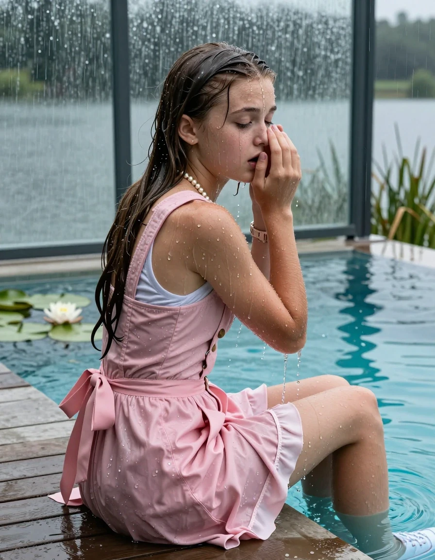 photo of young woman, in soaking wet, drenched clothes,
White converse, , Short pink Dirndl, shoulderbag, pearl necklace, bracelet, wristwatch, jetty by the lake with water lilies and reeds, 
enjoying, wet clothes stuck to body,
detailed textures of the wet clothes, wet face, wet plastered hair,
wet, drenched, professional, high-quality details, full body view.
sharp focus, ultra-high pixel detail, realistic, high-quality, full colors, incredibly detailed, 4k, 8k, 16k, hyper-realistic, RAW photo, masterpiece, ultra-detailed, professionally color graded, professional photograph, A realistic vertical fashion photograph taken from a backward, behind-the-back angle of a. Young horny 12-year-old teengirl sitting, leaning forward and let her falling in a glass-walled outdoor swimming pool, facing up to the camera to show her back. 

She is tilting her head at camera, letting the water drench her hair so it is glued flat against her head and body. 
She has  brunette Sleek Long straight hair with braids, completely saturated and dripping wet hair, with water cascading down her face and neck. Afraid and astonished expression. She is a Little Bit fearful. Hold her hands over her nose. Closed eyes.

The lighting is bright and cinematic, highlighting the glistening water droplets and the saturated texture of her  casual clothes. Outside the large glass wall of the pool building, heavy rain is visible falling against the window. Soft, moody indoor lighting with reflections on the water. High-quality fashion photography style.
her clothing is soaking wet and clinging tightly to her skin, showing heavy wet folds, darkened fabric texture, and deep water-saturated Patches, her clothes are heavy from the water, water runs from her body and her clothes in streams. A lot of water also runs out of her clothes. Her clothes are darkened by the water. 
hyper-realistic wetness, high-contrast water sheen, sharp focus, 16k resolution, professional photography, realistic water physics., wet skin, wet clothes, damp fabric., wet skin, wet clothes, damp fabric, wet skin, wet clothes, damp fabric, wet skin, wet clothes, damp fabric, wet skin, wet clothes, damp fabric, wet skin, wet clothes, damp fabric, wet skin, wet clothes, damp fabric, wet skin, wet clothes, damp fabric, wet skin, wet clothes, damp fabric, wet skin, wet clothes, damp fabric