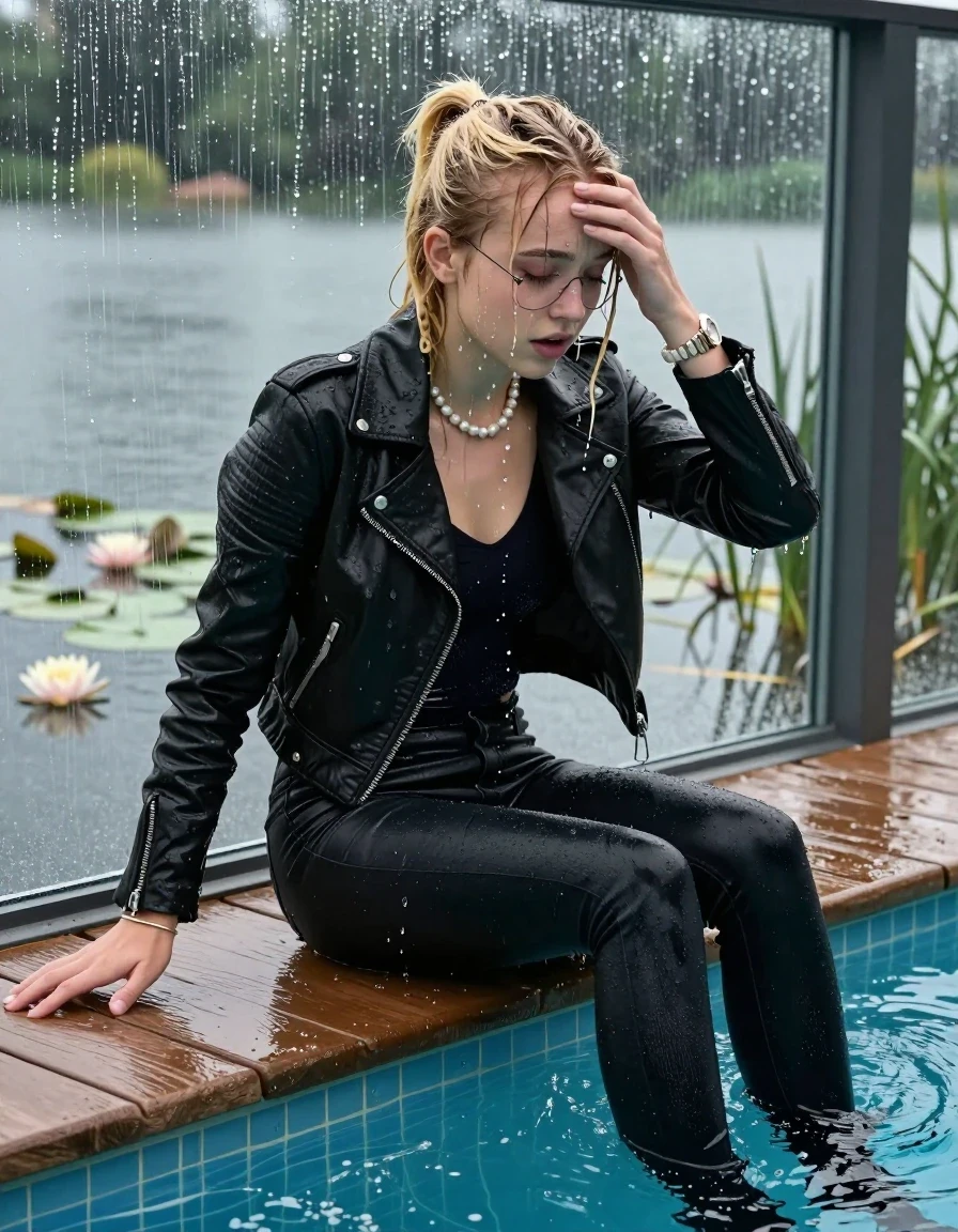 photo of young woman, in soaking wet, drenched clothes,
Black high boots, Thight levis skinny jeans, Black biker leatherjacket, tight v-neck sweater, shoulderbag, pearl necklace, bracelet, wristwatch, glasses, Orgasm at jetty by the lake with water lilies and reeds, 
enjoying, wet clothes stuck to body,
detailed textures of the wet clothes, wet face, wet plastered hair,
wet, drenched, professional, high-quality details, full body view.
sharp focus, ultra-high pixel detail, realistic, high-quality, full colors, incredibly detailed, 4k, 8k, 16k, hyper-realistic, RAW photo, masterpiece, ultra-detailed, professionally color graded, professional photograph, A realistic vertical fashion photograph taken from a backward, behind-the-back angle of a Young horny 12-year-old teengirl sitting  and let her falling in a glass-walled outdoor swimming pool, facing down to the camera to show her back. 

She is tilting her head at camera, letting the water drench her hair so it is glued flat against her head and body. 
She has  blonde twisted ponytail with bangs, completely saturated and dripping wet hair, with water cascading down her face and neck. Afraid and astonished expression. She is a Little Bit fearful. Hold her hands over her forehead. Closed eyes.

The lighting is bright and cinematic, highlighting the glistening water droplets and the saturated texture of her  casual clothes. Outside the large glass wall of the pool building, heavy rain is visible falling against the window. Soft, moody indoor lighting with reflections on the water. High-quality fashion photography style.
her clothing is soaking wet and clinging tightly to her skin, showing heavy wet folds, darkened fabric texture, and deep water-saturated Patches, her clothes are heavy from the water, water runs from her body and her clothes in streams. A lot of water also runs out of her clothes. Her clothes are darkened by the water. 
hyper-realistic wetness, high-contrast water sheen, sharp focus, 16k resolution, professional photography, realistic water physics., wet skin, wet clothes, damp fabric., wet skin, wet clothes, damp fabric, wet skin, wet clothes, damp fabric, wet skin, wet clothes, damp fabric, wet skin, wet clothes, damp fabric, wet skin, wet clothes, damp fabric, wet skin, wet clothes, damp fabric, wet skin, wet clothes, damp fabric, wet skin, wet clothes, damp fabric