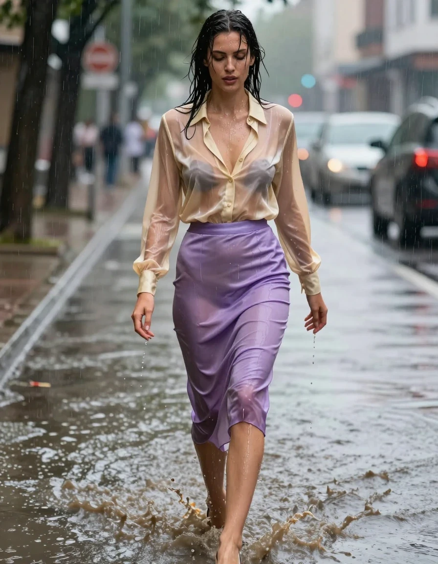 photo of young woman, in soaking wet, drenched clothes,
high-heels, see-throug hlight purple satin silk slim floor-length skirt, tranparent, light golden silk blouse,buttoned, long sleeves, no underwear, walking through the muddy water in the streets, 
enjoying, wet clothes stuck to body,
detailed textures of the wet clothes, wet face, wet plastered hair,
wet, drenched, professional, high-quality details, full body view.
sharp focus, ultra-high pixel detail, realistic, high-quality, full colors, incredibly detailed, 4k, 8k, 16k, hyper-realistic, RAW photo, masterpiece, ultra-detailed, professionally color graded, professional photograph, heavy rain, completely soaked, drenched, dripping wet, visible breasts, wet skin, wet clothes, damp fabric, wet skin, wet clothes, damp fabric, wet skin, wet clothes, damp fabric, wet skin, wet clothes, damp fabric, wet skin, wet clothes, damp fabric