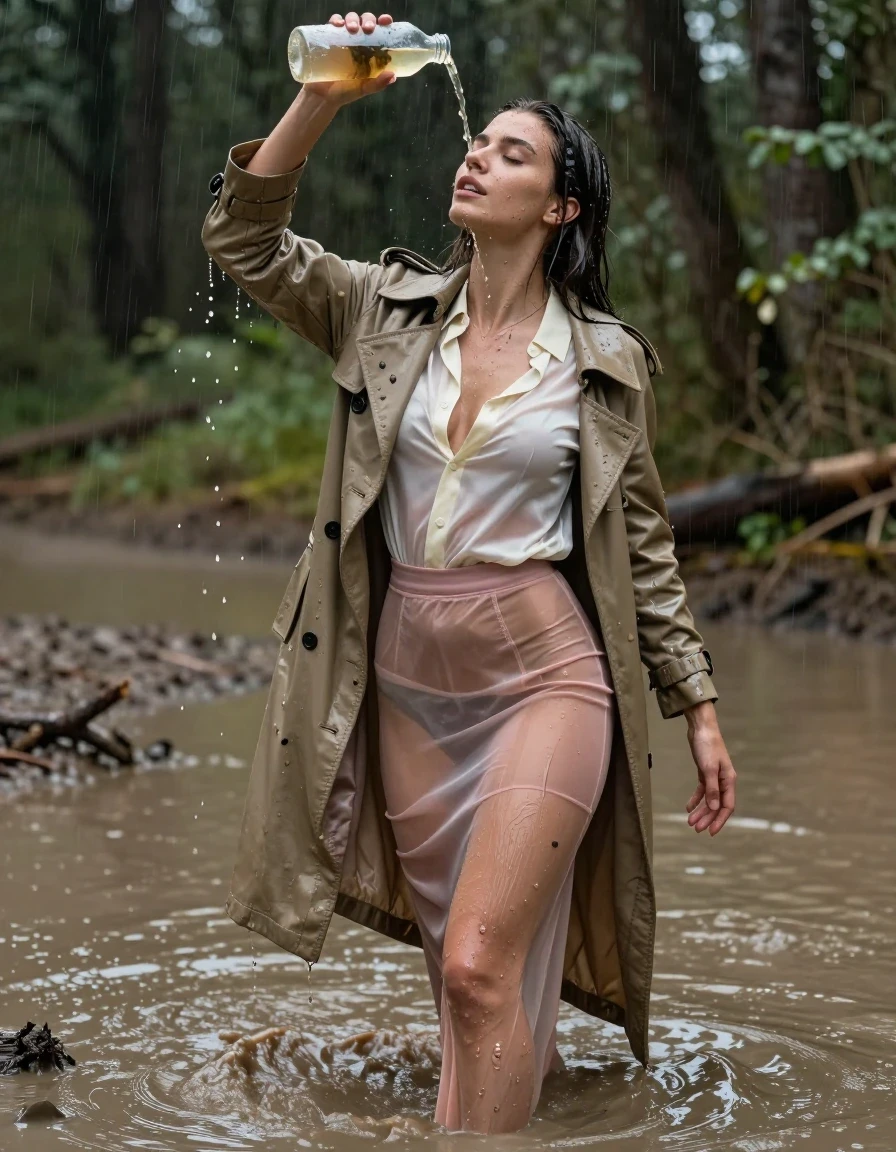 photo of young woman, in soaking wet, drenched clothes,
high-heels, see-through, transparent, pink satin silk slim floor-length skirt, see-through, tranparent, cream white satin silk blouse, buttoned, long sleeves, trench coat, wading in a muddy puddle in the muddy water in the woods, pouring a bottle of muddy water over her head, 
enjoying, wet clothes stuck to body,
detailed textures of the wet clothes, wet face, wet plastered hair,
wet, drenched, professional, high-quality details, full body view.
sharp focus, ultra-high pixel detail, realistic, high-quality, full colors, incredibly detailed, 4k, 8k, 16k, hyper-realistic, RAW photo, masterpiece, ultra-detailed, professionally color graded, professional photograph, muddy clothes, heavy rain, completely soaked, drenched, dripping wet, visible breasts, wet skin, wet clothes, damp fabric, wet skin, wet clothes, damp fabric, wet skin, wet clothes, damp fabric, wet skin, wet clothes, damp fabric, wet skin, wet clothes, damp fabric, wet skin, wet clothes, damp fabric