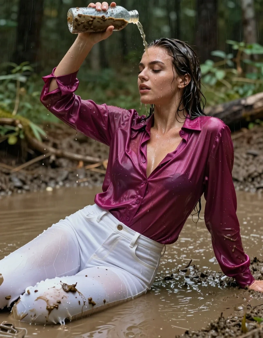 photo of young woman, in soaking wet, drenched clothes,
, white long jeans, dripping wet, shiny, see-through, tranparent, oversized long magenta satin silk blouse, buttoned, long sleeves, no bra, shower, lying in a knee deep muddy puddle in the muddy water in the woods, pouring a bottle of muddy water over her head, 
enjoying, wet clothes stuck to body,
detailed textures of the wet clothes, wet face, wet plastered hair,
wet, drenched, professional, high-quality details, full body view.
sharp focus, ultra-high pixel detail, realistic, high-quality, full colors, incredibly detailed, 4k, 8k, 16k, hyper-realistic, RAW photo, masterpiece, ultra-detailed, professionally color graded, professional photograph, pourin water on her hair, muddy clothes, heavy rain, completely soaked, drenched, dripping wet, visible breasts, wet skin, mud in her hair, wet clothes, damp fabric, wet skin, wet clothes, damp fabric, wet skin, wet clothes, damp fabric, wet skin, wet clothes, damp fabric, wet clothes, damp fabric, wet skin, wet clothes, damp fabric