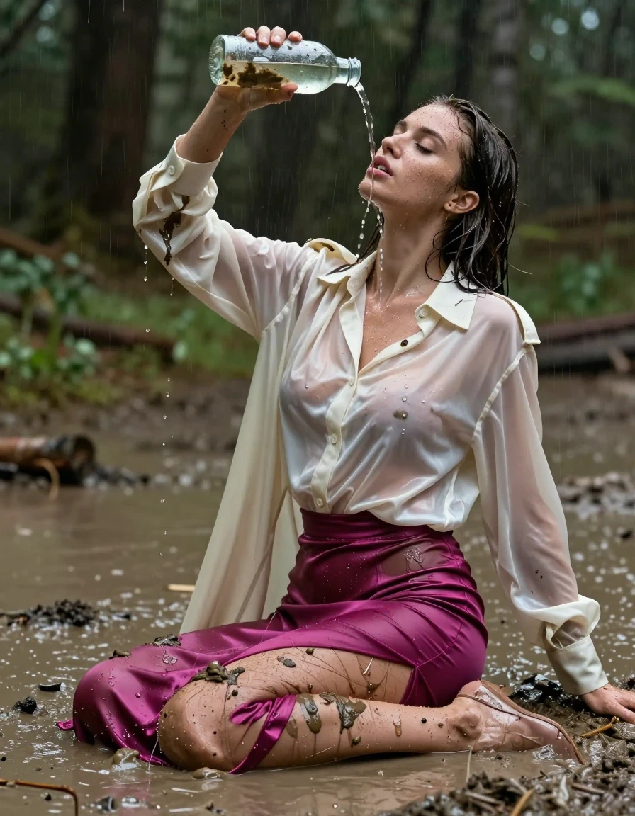 photo of young woman, in soaking wet, drenched clothes,
high-heels, see-through, oversized magenta satin silk slim floor-length skirt, see-through, tranparent, oversized cream white satin silk blouse, buttoned, long sleeves, trench coat, sitting in a muddy puddle in the muddy water in the woods, pouring a bottle of muddy water over her head, 
enjoying, wet clothes stuck to body,
detailed textures of the wet clothes, wet face, wet plastered hair,
wet, drenched, professional, high-quality details, full body view.
sharp focus, ultra-high pixel detail, realistic, high-quality, full colors, incredibly detailed, 4k, 8k, 16k, hyper-realistic, RAW photo, masterpiece, ultra-detailed, professionally color graded, professional photograph, muddy clothes, heavy rain, completely soaked, drenched, dripping wet, visible breasts, wet skin, wet clothes, damp fabric, wet skin, wet clothes, damp fabric, wet skin, wet clothes, damp fabric, wet skin, wet clothes, damp fabric, wet skin, wet clothes, damp fabric, wet skin, wet clothes, damp fabric
