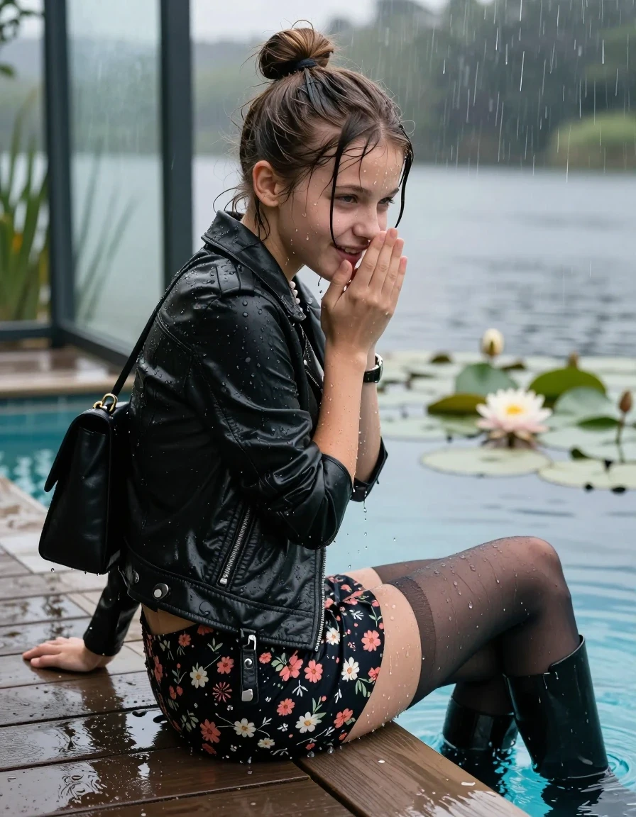 photo of young woman, in soaking wet, drenched clothes,
Black high boots, Short floral mini skirt, black stockings , Black biker leatherjacket, tight v-neck sweater, shoulderbag, pearl necklace, bracelet, wristwatch, jetty by the lake with water lilies and reeds, 
enjoying, wet clothes stuck to body,
detailed textures of the wet clothes, wet face, wet plastered hair,
wet, drenched, professional, high-quality details, full body view.
sharp focus, ultra-high pixel detail, realistic, high-quality, full colors, incredibly detailed, 4k, 8k, 16k, hyper-realistic, RAW photo, masterpiece, ultra-detailed, professionally color graded, professional photograph, A realistic vertical fashion photograph taken from a backward, behind-the-back angle of a Young horny 12-year-old teengirl sitting  and slides in a glass-walled outdoor swimming pool, facing away to the camera to show her back. 

She is tilting her head at camera, letting the water drench her hair so it is glued flat against her head and body. 
She has  brunette sticked up topknot with bangs, completely saturated and dripping wet hair, with water cascading down her face and neck. Shy and insecure expression. She is a Little Bit fearful and Smileys embarrassed. Hold her hands over her mouth. Open mouth, half closed eyes.

The lighting is bright and cinematic, highlighting the glistening water droplets and the saturated texture of her  casual clothes. Outside the large glass wall of the pool building, heavy rain is visible falling against the window. Soft, moody indoor lighting with reflections on the water. High-quality fashion photography style.
her clothing is soaking wet and clinging tightly to her skin, showing heavy wet folds, darkened fabric texture, and deep water-saturated Patches, her clothes are heavy from the water, water runs from her body and her clothes in streams. A lot of water also runs out of her clothes. Her clothes are darkened by the water. 
hyper-realistic wetness, high-contrast water sheen, sharp focus, 16k resolution, professional photography, realistic water physics., wet skin, wet clothes, damp fabric., wet skin, wet clothes, damp fabric, wet skin, wet clothes, damp fabric, wet skin, wet clothes, damp fabric, wet skin, wet clothes, damp fabric, wet skin, wet clothes, damp fabric, wet skin, wet clothes, damp fabric, wet skin, wet clothes, damp fabric, wet skin, wet clothes, damp fabric