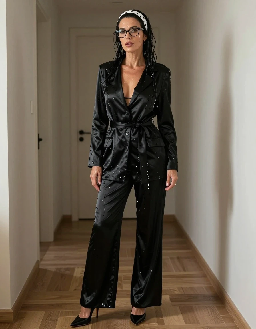 photo of young woman, in soaking wet, drenched clothes,
high-heeled shoes, maxi flared black Satin house coat, maxi flared black Satin house coat, on the hall of his house, 
enjoying, wet clothes stuck to body,
detailed textures of the wet clothes, wet face, wet plastered hair,
wet, drenched, professional, high-quality details, full body view.
sharp focus, ultra-high pixel detail, realistic, high-quality, full colors, incredibly detailed, 4k, 8k, 16k, hyper-realistic, RAW photo, masterpiece, ultra-detailed, professionally color graded, professional photograph, european brunette skinny woman 50 years old, long dark black hair, white polka-dot headband, office glasses, very big and thick lips, complete body, wet skin, wet clothes, damp fabric, wet skin, wet clothes, damp fabric, wet skin, wet clothes, damp fabric, wet skin, wet clothes, damp fabric, wet skin, wet clothes, damp fabric, wet skin, wet clothes, damp fabric, wet skin, wet clothes, damp fabric