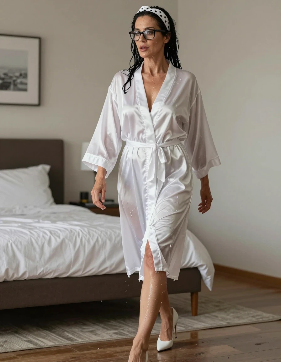 photo of young woman, in soaking wet, drenched clothes,
high-heeled shoes, maxi white Satin housecoat, maxi white Satin housecoat, walking in bedroom after shower, 
enjoying, wet clothes stuck to body,
detailed textures of the wet clothes, wet face, wet plastered hair,
wet, drenched, professional, high-quality details, full body view.
sharp focus, ultra-high pixel detail, realistic, high-quality, full colors, incredibly detailed, 4k, 8k, 16k, hyper-realistic, RAW photo, masterpiece, ultra-detailed, professionally color graded, professional photograph, european brunette skinny woman 50 years old, long dark black hair, white polka-dot headband, office glasses, very big and thick lips, complete body, wet skin, wet clothes, damp fabric, wet skin, wet clothes, damp fabric, wet skin, wet clothes, damp fabric, wet skin, wet clothes, damp fabric, wet skin, wet clothes, damp fabric, wet skin, wet clothes, damp fabric, wet skin, wet clothes, damp fabric
