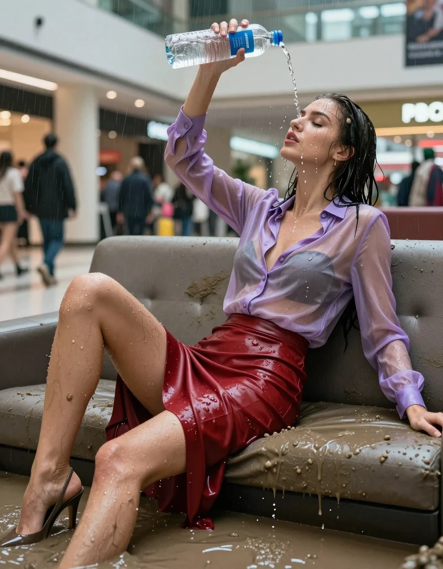 photo of young woman, in soaking wet, drenched clothes,
high-heels, see-throug hlight red satin silk slim floor-length skirt, tranparent, light purple silk blouse,buttoned, long sleeves, no underwear, lying on a muddy couch in the muddy water in the shopping mall pouring a bottle of water over her head, 
enjoying, wet clothes stuck to body,
detailed textures of the wet clothes, wet face, wet plastered hair,
wet, drenched, professional, high-quality details, full body view.
sharp focus, ultra-high pixel detail, realistic, high-quality, full colors, incredibly detailed, 4k, 8k, 16k, hyper-realistic, RAW photo, masterpiece, ultra-detailed, professionally color graded, professional photograph, heavy rain, completely soaked, drenched, dripping wet, visible breasts, wet skin, wet clothes, damp fabric, wet skin, wet clothes, damp fabric, wet skin, wet clothes, damp fabric, wet skin, wet clothes, damp fabric, wet skin, wet clothes, damp fabric, wet skin, wet clothes, damp fabric