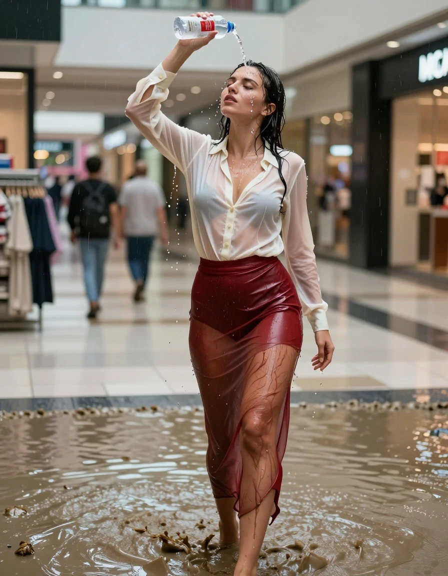 photo of young woman, in soaking wet, drenched clothes,
high-heels, see-through, transparent, light red satin silk slim floor-length skirt, see-through, tranparent, cream white silk blouse, buttoned, long sleeves, no underwear, standing in a muddy shower in the muddy water in the shopping mall, pouring a bottle of water over her head, 
enjoying, wet clothes stuck to body,
detailed textures of the wet clothes, wet face, wet plastered hair,
wet, drenched, professional, high-quality details, full body view.
sharp focus, ultra-high pixel detail, realistic, high-quality, full colors, incredibly detailed, 4k, 8k, 16k, hyper-realistic, RAW photo, masterpiece, ultra-detailed, professionally color graded, professional photograph, heavy rain, completely soaked, drenched, dripping wet, visible breasts, wet skin, wet clothes, damp fabric, wet skin, wet clothes, damp fabric, wet skin, wet clothes, damp fabric, wet skin, wet clothes, damp fabric, wet skin, wet clothes, damp fabric, wet skin, wet clothes, damp fabric