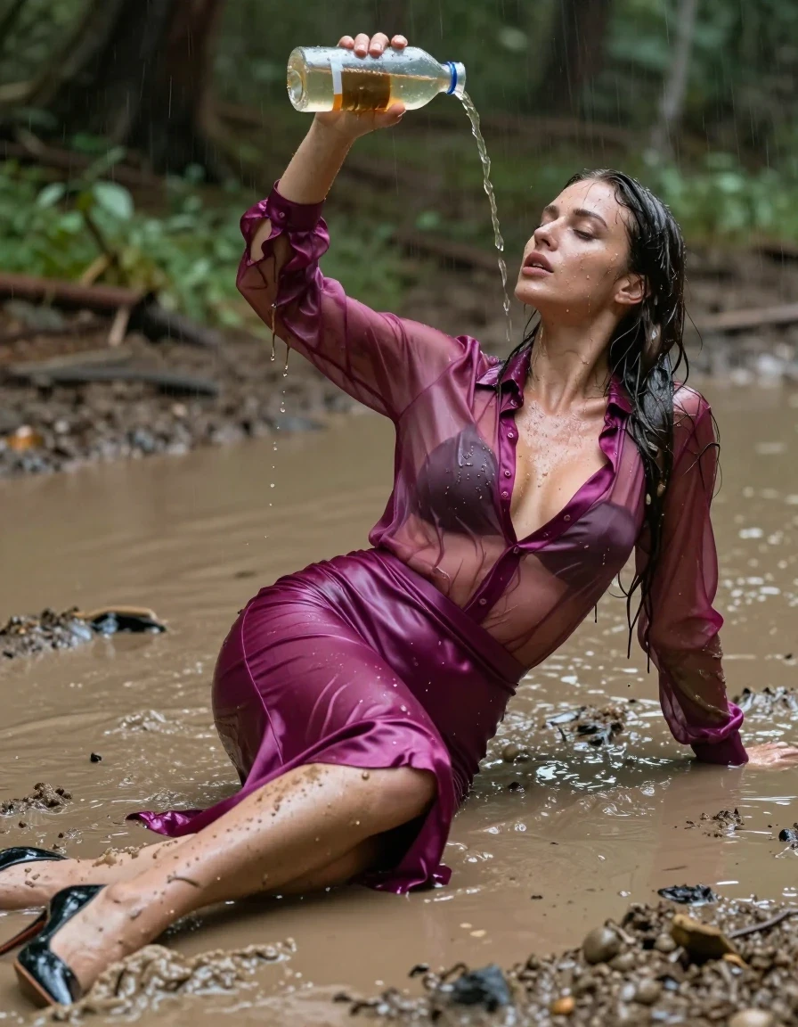 photo of young woman, in soaking wet, drenched clothes,
high-heels, see-through, oversized magenta satin silk slim floor-length skirt, see-through, tranparent, oversized magenta satin silk blouse, buttoned, long sleeves, lie down in a muddy puddle in the muddy water in the woods, pouring a bottle of muddy water over her head, 
enjoying, wet clothes stuck to body,
detailed textures of the wet clothes, wet face, wet plastered hair,
wet, drenched, professional, high-quality details, full body view.
sharp focus, ultra-high pixel detail, realistic, high-quality, full colors, incredibly detailed, 4k, 8k, 16k, hyper-realistic, RAW photo, masterpiece, ultra-detailed, professionally color graded, professional photograph, muddy clothes, heavy rain, completely soaked, drenched, dripping wet, visible breasts, wet skin, wet clothes, damp fabric, wet skin, wet clothes, damp fabric, wet skin, wet clothes, damp fabric, wet skin, wet clothes, damp fabric, wet skin, wet clothes, damp fabric, wet skin, wet clothes, damp fabric