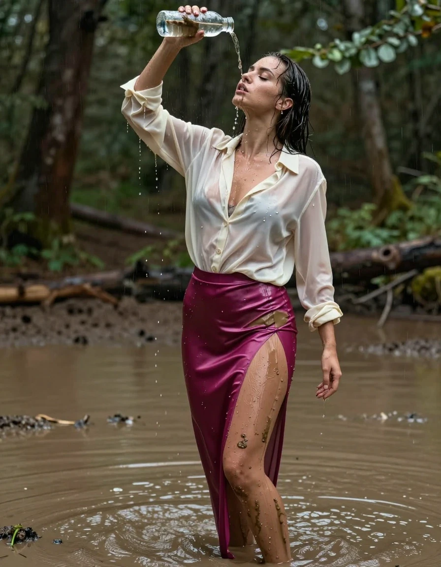 photo of young woman, in soaking wet, drenched clothes,
high-heels, see-through, oversized magenta satin silk slim floor-length skirt, see-through, tranparent, oversized cream white satin silk blouse, buttoned, long sleeves, trench coat, wading in a muddy puddle in the muddy water in the woods, pouring a bottle of muddy water over her head, 
enjoying, wet clothes stuck to body,
detailed textures of the wet clothes, wet face, wet plastered hair,
wet, drenched, professional, high-quality details, full body view.
sharp focus, ultra-high pixel detail, realistic, high-quality, full colors, incredibly detailed, 4k, 8k, 16k, hyper-realistic, RAW photo, masterpiece, ultra-detailed, professionally color graded, professional photograph, muddy clothes, heavy rain, completely soaked, drenched, dripping wet, visible breasts, wet skin, wet clothes, damp fabric, wet skin, wet clothes, damp fabric, wet skin, wet clothes, damp fabric, wet skin, wet clothes, damp fabric, wet skin, wet clothes, damp fabric, wet skin, wet clothes, damp fabric
