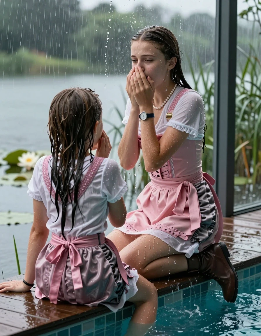 photo of young woman, in soaking wet, drenched clothes,
high boots, , Short pink Dirndl, shoulderbag, pearl necklace, bracelet, wristwatch, jetty by the lake with water lilies and reeds, 
enjoying, wet clothes stuck to body,
detailed textures of the wet clothes, wet face, wet plastered hair,
wet, drenched, professional, high-quality details, full body view.
sharp focus, ultra-high pixel detail, realistic, high-quality, full colors, incredibly detailed, 4k, 8k, 16k, hyper-realistic, RAW photo, masterpiece, ultra-detailed, professionally color graded, professional photograph, A realistic vertical fashion photograph taken from a backward, behind-the-back angle of two Young horny 12-year-old teengirl sitting, leaning forward and let her falling in a glass-walled outdoor swimming pool, facing up to the camera to show her back. 

She is tilting her head at camera, letting the water drench her hair so it is glued flat against her head and body. 
She has  brunette Sleek Long straight hair with braids, completely saturated and dripping wet hair, with water cascading down her face and neck. Afraid and astonished expression. She is a Little Bit fearful. Hold her hands over her nose. Closed eyes.

The lighting is bright and cinematic, highlighting the glistening water droplets and the saturated texture of her  casual clothes. Outside the large glass wall of the pool building, heavy rain is visible falling against the window. Soft, moody indoor lighting with reflections on the water. High-quality fashion photography style.
her clothing is soaking wet and clinging tightly to her skin, showing heavy wet folds, darkened fabric texture, and deep water-saturated Patches, her clothes are heavy from the water, water runs from her body and her clothes in streams. A lot of water also runs out of her clothes. Her clothes are darkened by the water. 
hyper-realistic wetness, high-contrast water sheen, sharp focus, 16k resolution, professional photography, realistic water physics., wet skin, wet clothes, damp fabric., wet skin, wet clothes, damp fabric, wet skin, wet clothes, damp fabric, wet skin, wet clothes, damp fabric, wet skin, wet clothes, damp fabric, wet skin, wet clothes, damp fabric, wet skin, wet clothes, damp fabric, wet skin, wet clothes, damp fabric, wet skin, wet clothes, damp fabric, wet skin, wet clothes, damp fabric