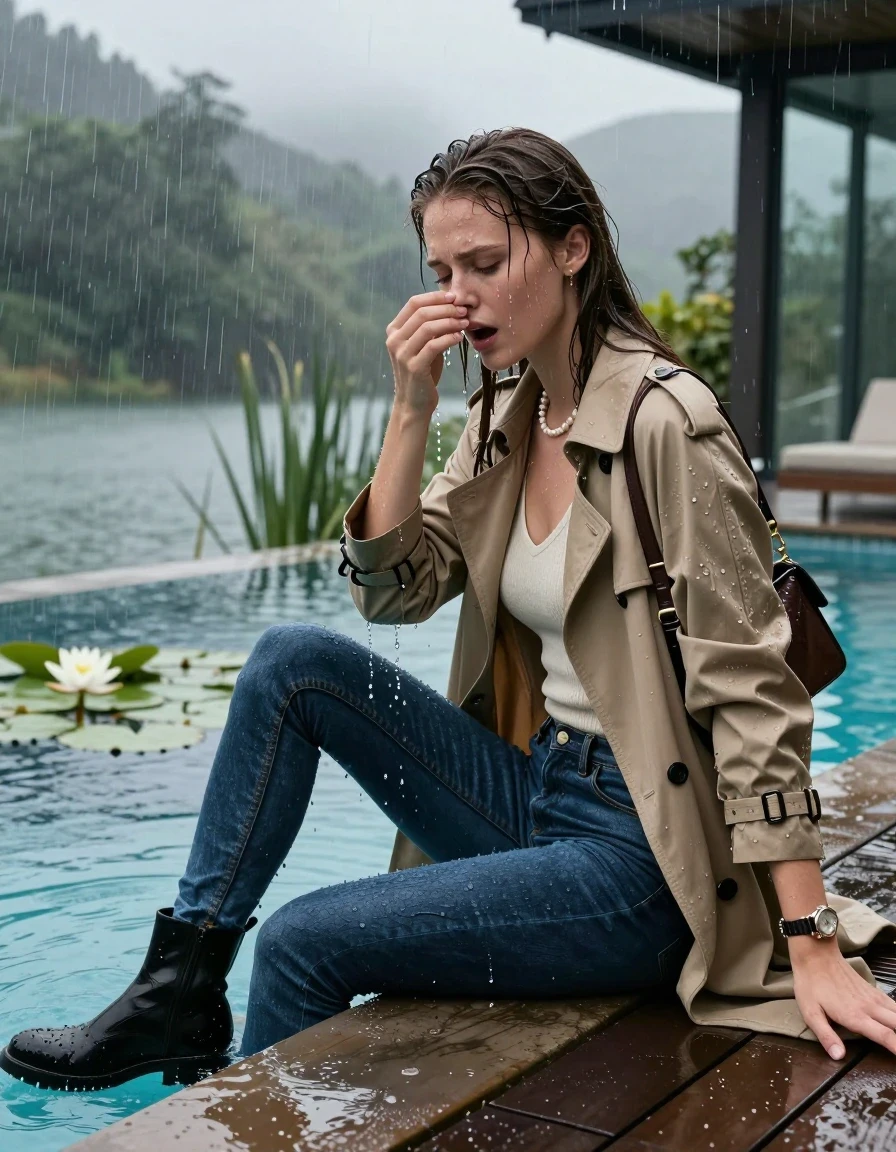 photo of young woman, in soaking wet, drenched clothes,
Black high boots, Thight levis skinny jeans, Beige Trenchcoat, tight v-neck sweater, shoulderbag, pearl necklace, bracelet, wristwatch, jetty by the lake with water lilies and reeds, 
enjoying, wet clothes stuck to body,
detailed textures of the wet clothes, wet face, wet plastered hair,
wet, drenched, professional, high-quality details, full body view.
sharp focus, ultra-high pixel detail, realistic, high-quality, full colors, incredibly detailed, 4k, 8k, 16k, hyper-realistic, RAW photo, masterpiece, ultra-detailed, professionally color graded, professional photograph, A realistic vertical fashion photograph taken from a backward, behind-the-back angle of two Young horny 18-year-old teengirl sitting, leaning forward and let her falling in a glass-walled outdoor swimming pool, facing up to the camera to show her back. 

She is tilting her head at camera, letting the water drench her hair so it is glued flat against her head and body. 
She has  brunette Sleek Long straight hair with braids, completely saturated and dripping wet hair, with water cascading down her face and neck. astonished expression. She is a Little Bit fearful. Hold a hand over her nose. Closed eyes, closed mouth.

The lighting is bright and cinematic, highlighting the glistening water droplets and the saturated texture of her  casual clothes. Outside the large glass wall of the pool building, heavy rain is visible falling against the window. Soft, moody indoor lighting with reflections on the water. High-quality fashion photography style.
her clothing is soaking wet and clinging tightly to her skin, showing heavy wet folds, darkened fabric texture, and deep water-saturated Patches, her clothes are heavy from the water, water runs from her body and her clothes in streams. A lot of water also runs out of her clothes. Her clothes are darkened by the water. 
hyper-realistic wetness, high-contrast water sheen, sharp focus, 16k resolution, professional photography, realistic water physics., wet skin, wet clothes, damp fabric., wet skin, wet clothes, damp fabric, wet skin, wet clothes, damp fabric, wet skin, wet clothes, damp fabric, wet skin, wet clothes, damp fabric, wet skin, wet clothes, damp fabric, wet skin, wet clothes, damp fabric, wet skin, wet clothes, damp fabric, wet skin, wet clothes, damp fabric