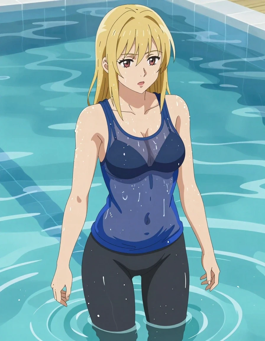 An anime-style 2D drawing of a 28-year-old European blonde woman standing in a pool, high-quality cel-shaded aesthetic. She is wearing a translucent blue tank top layered over a black bra, with black sweat pants and socks. All garments are heavily soaked, clinging to her body with dark, water-saturated fabric, visible heavy wet folds, and sheen. Her blonde hair is dripping wet and plastered to her head, skin showing a slick, wet texture. The scene is set in a swimming pool with water splashing around her, vibrant colors, clear lines, expressive anime art style, flat shading, artistic illustration. No realistic textures, no 3D rendering, no photographic elements, no depth-of-field blur, no hyper-realism.