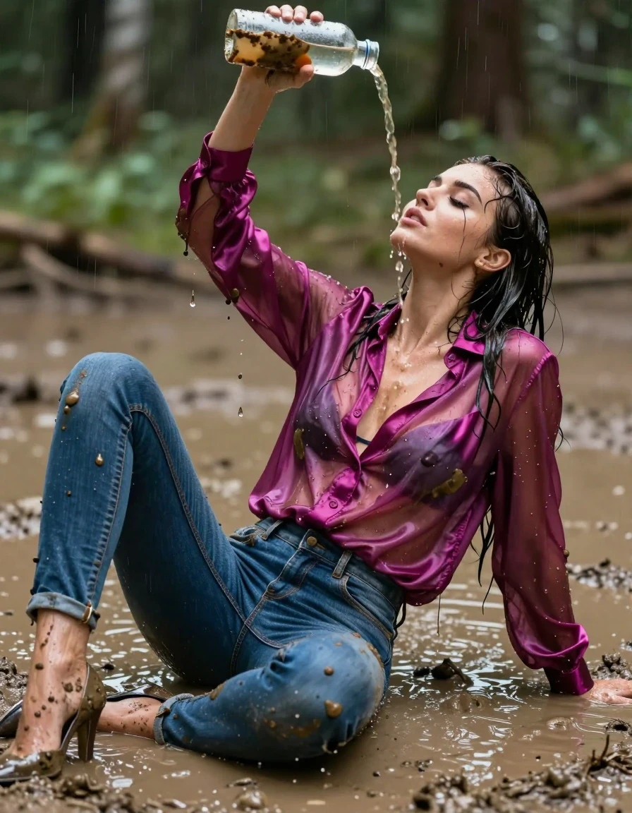 photo of young woman, in soaking wet, drenched clothes,
high-heels, blue jeans, dripping wet, shiny, see-through, tranparent, oversized magenta satin silk blouse, buttoned, long sleeves, lie on her back in a muddy puddle in the muddy water in the woods, pouring a bottle of muddy water over her head, 
enjoying, wet clothes stuck to body,
detailed textures of the wet clothes, wet face, wet plastered hair,
wet, drenched, professional, high-quality details, full body view.
sharp focus, ultra-high pixel detail, realistic, high-quality, full colors, incredibly detailed, 4k, 8k, 16k, hyper-realistic, RAW photo, masterpiece, ultra-detailed, professionally color graded, professional photograph, muddy clothes, heavy rain, completely soaked, drenched, dripping wet, visible breasts, wet skin, mud in her hair, wet clothes, damp fabric, wet skin, wet clothes, damp fabric, wet skin, wet clothes, damp fabric, wet skin, wet clothes, damp fabric, wet clothes, damp fabric, wet skin, wet clothes, damp fabric