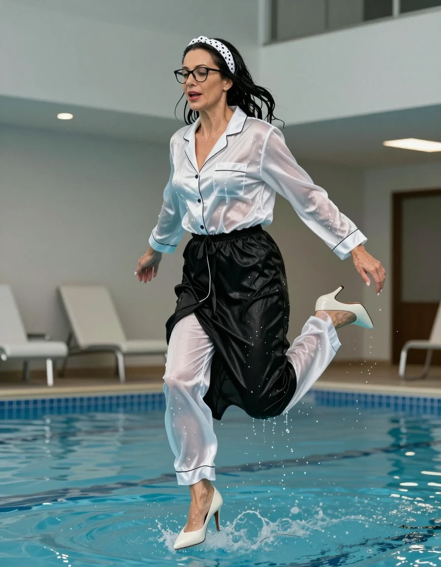 photo of young woman, in soaking wet, drenched clothes,
high-heeled shoes, white satin pajama with long trousers, white satin pijama, maxi black satin house gown, jumping  in indoor swiming pool, 
enjoying, wet clothes stuck to body,
detailed textures of the wet clothes, wet face, wet plastered hair,
wet, drenched, professional, high-quality details, full body view.
sharp focus, ultra-high pixel detail, realistic, high-quality, full colors, incredibly detailed, 4k, 8k, 16k, hyper-realistic, RAW photo, masterpiece, ultra-detailed, professionally color graded, professional photograph, european brunette skinny woman 50 years old, long dark black hair, white polka-dot headband, office glasses, very big and thick lips, complete body, wet skin, wet clothes, damp fabric, wet skin, wet clothes, damp fabric, wet skin, wet clothes, damp fabric, wet skin, wet clothes, damp fabric, wet skin, wet clothes, damp fabric, wet skin, wet clothes, damp fabric, wet skin, wet clothes, damp fabric