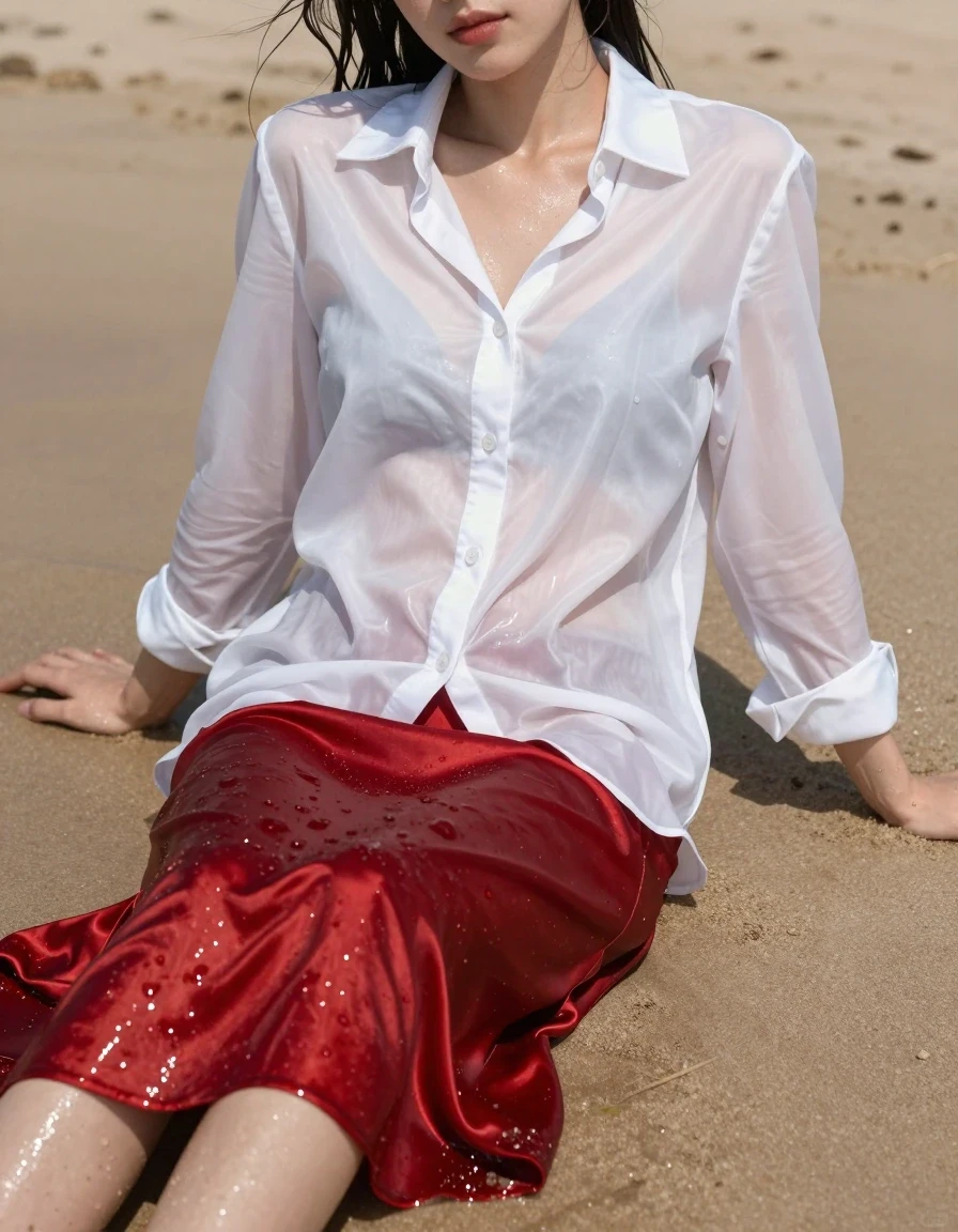 A photorealistic medium-full shot of a young adult European woman sunbathing on an empty beach, her skin glistening with a realistic sheen of seawater and sand particles clinging to her limbs. She is wearing a satin long-sleeved buttoned-down oversized white blouse with a pussy bow, the fabric soaking wet, translucent, and clinging to her skin with heavy, saturated folds. Beneath, she wears a floor-length red silk skirt, heavily drenched and darkened by seawater, with the fabric clinging tightly to her legs and pooling in the sand. Her bare feet are visible, caked in wet sand. The scene captures the realistic weight and texture of water-logged textiles, with the white blouse appearing semi-transparent and the red silk displaying deep, rich tones and specular highlights from the sun. The lighting is bright and natural, reflecting off the wet surfaces of her skin and clothing. High-detail photography, 8k resolution, sharp focus on fabric texture and wet skin.