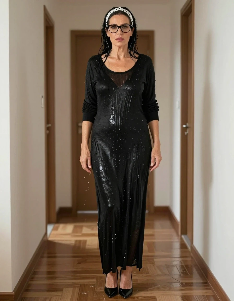 photo of young woman, in soaking wet, drenched clothes,
high-heeled shoes, maxi black sweater dress with a neckline, maxi black sweater dress with a neckline, on the hall of his house, 
enjoying, wet clothes stuck to body,
detailed textures of the wet clothes, wet face, wet plastered hair,
wet, drenched, professional, high-quality details, full body view.
sharp focus, ultra-high pixel detail, realistic, high-quality, full colors, incredibly detailed, 4k, 8k, 16k, hyper-realistic, RAW photo, masterpiece, ultra-detailed, professionally color graded, professional photograph, european brunette skinny woman 50 years old, long dark black hair, white polka-dot headband, office glasses, very big and thick lips, complete body, wet skin, wet clothes, damp fabric, wet skin, wet clothes, damp fabric, wet skin, wet clothes, damp fabric, wet skin, wet clothes, damp fabric, wet skin, wet clothes, damp fabric, wet skin, wet clothes, damp fabric, wet skin, wet clothes, damp fabric