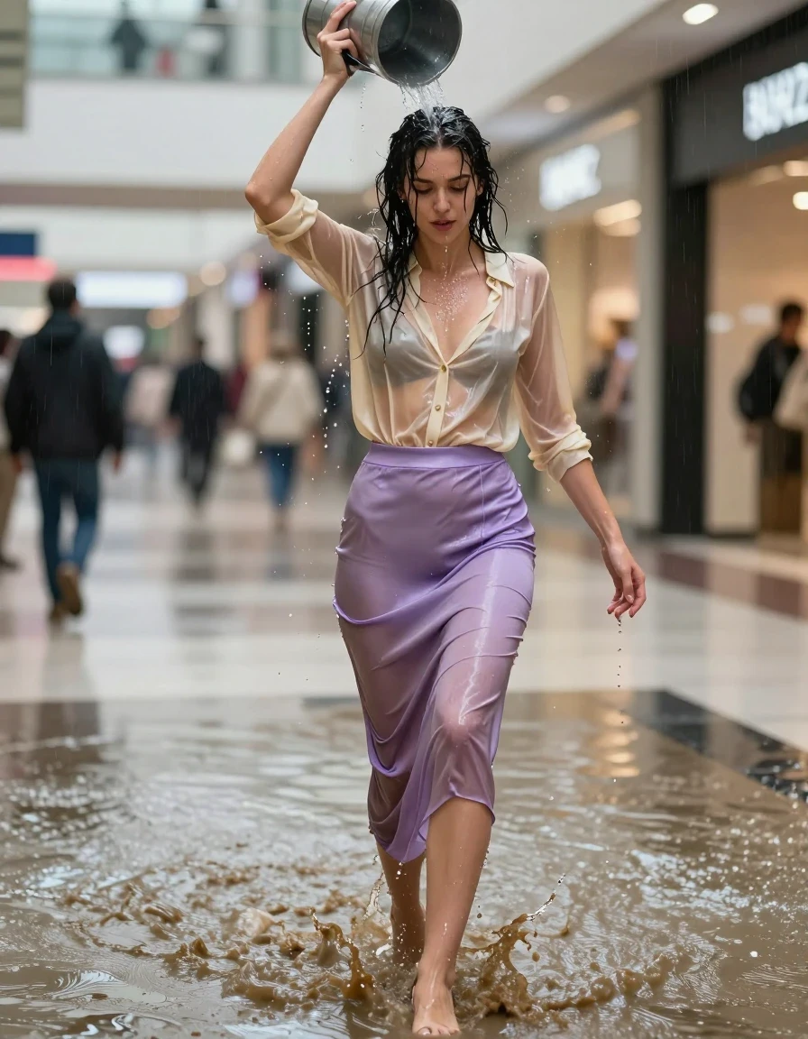 photo of young woman, in soaking wet, drenched clothes,
high-heels, see-throug hlight purple satin silk slim floor-length skirt, tranparent, light golden silk blouse,buttoned, long sleeves, no underwear, walking through the muddy water in the shopping mall pouring a bucket of water over her head, 
enjoying, wet clothes stuck to body,
detailed textures of the wet clothes, wet face, wet plastered hair,
wet, drenched, professional, high-quality details, full body view.
sharp focus, ultra-high pixel detail, realistic, high-quality, full colors, incredibly detailed, 4k, 8k, 16k, hyper-realistic, RAW photo, masterpiece, ultra-detailed, professionally color graded, professional photograph, heavy rain, completely soaked, drenched, dripping wet, visible breasts, wet skin, wet clothes, damp fabric, wet skin, wet clothes, damp fabric, wet skin, wet clothes, damp fabric, wet skin, wet clothes, damp fabric, wet skin, wet clothes, damp fabric