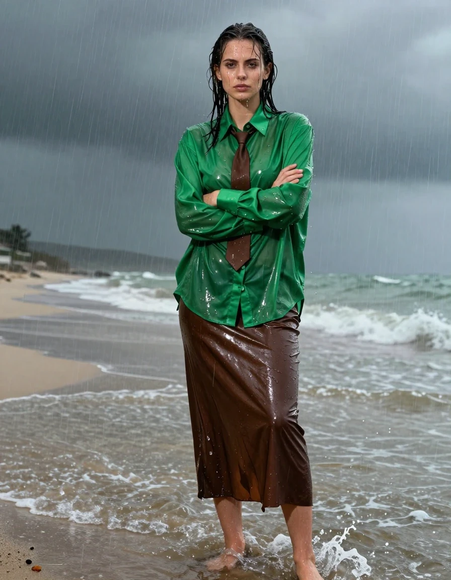 A young adult European woman standing on an empty beach during a torrential rainstorm, her bare feet partially submerged in shallow, churning seawater. She is wearing a vibrant green satin long-sleeved buttoned-down oversized blouse, tightly buttoned up to the collar, paired with a brown necktie. The blouse is soaked through, clinging to her skin with deep translucent patches and heavy, clinging folds where the fabric is saturated. Below, she wears a floor-length leather skirt that is drenched, glistening with a high-gloss water sheen and dark, heavy textures from the rain. She is folding her arms in a pose of deep, contemplative thinking. Her hair is plastered to her head, and her skin is slick with rainwater, reflecting the overcast, moody sky. The environment is dark and atmospheric, with heavy rain streaks visible in the air and water splashing around her ankles. Cinematic lighting, photorealistic, high-contrast, sharp focus on the wet fabric textures, water droplets running down her face and clothing, 8k resolution, professional photography.