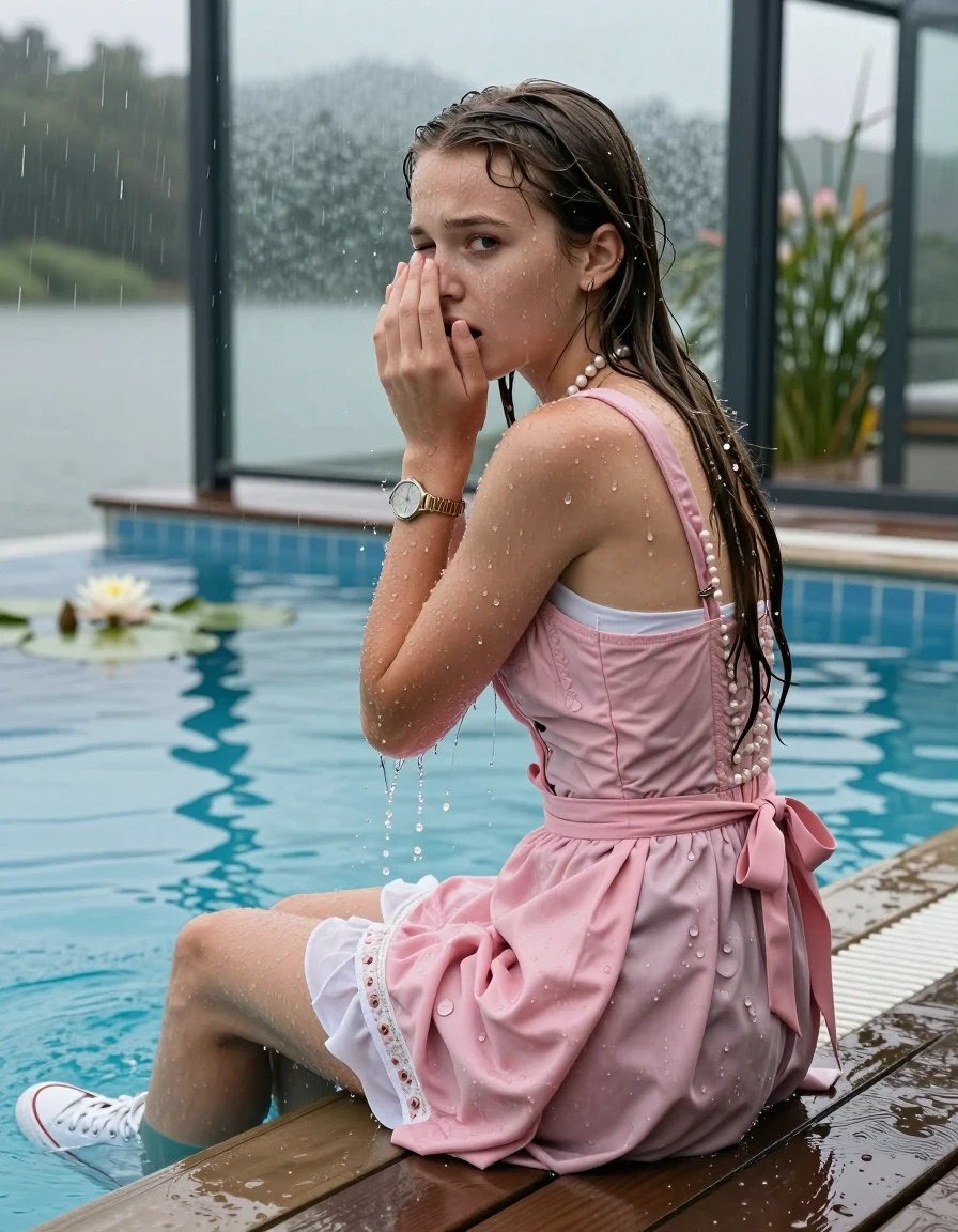 photo of young woman, in soaking wet, drenched clothes,
White converse, , Short pink Dirndl, shoulderbag, pearl necklace, bracelet, wristwatch, jetty by the lake with water lilies and reeds, 
enjoying, wet clothes stuck to body,
detailed textures of the wet clothes, wet face, wet plastered hair,
wet, drenched, professional, high-quality details, full body view.
sharp focus, ultra-high pixel detail, realistic, high-quality, full colors, incredibly detailed, 4k, 8k, 16k, hyper-realistic, RAW photo, masterpiece, ultra-detailed, professionally color graded, professional photograph, A realistic vertical fashion photograph taken from a backward, behind-the-back angle of a. Young horny 12-year-old teengirl sitting, leaning forward and let her falling in a glass-walled outdoor swimming pool, facing up to the camera to show her back. 

She is tilting her head at camera, letting the water drench her hair so it is glued flat against her head and body. 
She has  brunette Sleek Long straight hair with braids, completely saturated and dripping wet hair, with water cascading down her face and neck. Afraid and astonished expression. She is a Little Bit fearful. Hold her hands over her nose. Closed eyes.

The lighting is bright and cinematic, highlighting the glistening water droplets and the saturated texture of her  casual clothes. Outside the large glass wall of the pool building, heavy rain is visible falling against the window. Soft, moody indoor lighting with reflections on the water. High-quality fashion photography style.
her clothing is soaking wet and clinging tightly to her skin, showing heavy wet folds, darkened fabric texture, and deep water-saturated Patches, her clothes are heavy from the water, water runs from her body and her clothes in streams. A lot of water also runs out of her clothes. Her clothes are darkened by the water. 
hyper-realistic wetness, high-contrast water sheen, sharp focus, 16k resolution, professional photography, realistic water physics., wet skin, wet clothes, damp fabric., wet skin, wet clothes, damp fabric, wet skin, wet clothes, damp fabric, wet skin, wet clothes, damp fabric, wet skin, wet clothes, damp fabric, wet skin, wet clothes, damp fabric, wet skin, wet clothes, damp fabric, wet skin, wet clothes, damp fabric, wet skin, wet clothes, damp fabric, wet skin, wet clothes, damp fabric