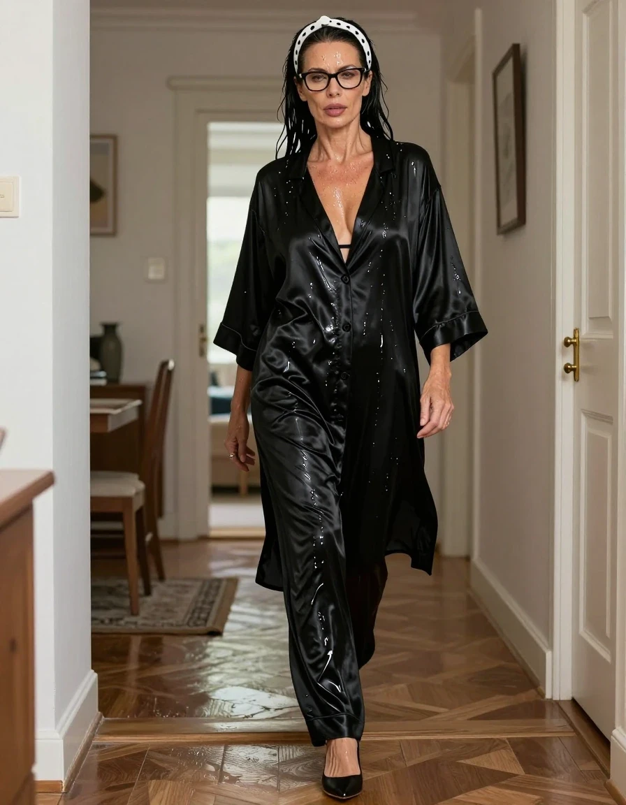 photo of young woman, in soaking wet, drenched clothes,
high-heeled shoes, long black satin pijama trousers, maxi black Satin housecoat, walking on the hall of his house, 
enjoying, wet clothes stuck to body,
detailed textures of the wet clothes, wet face, wet plastered hair,
wet, drenched, professional, high-quality details, full body view.
sharp focus, ultra-high pixel detail, realistic, high-quality, full colors, incredibly detailed, 4k, 8k, 16k, hyper-realistic, RAW photo, masterpiece, ultra-detailed, professionally color graded, professional photograph, european brunette skinny woman 50 years old, long dark black hair, white polka-dot headband, office glasses, very big and thick lips, complete body, wet skin, wet clothes, damp fabric, wet skin, wet clothes, damp fabric, wet skin, wet clothes, damp fabric, wet skin, wet clothes, damp fabric, wet skin, wet clothes, damp fabric, wet skin, wet clothes, damp fabric, wet skin, wet clothes, damp fabric
