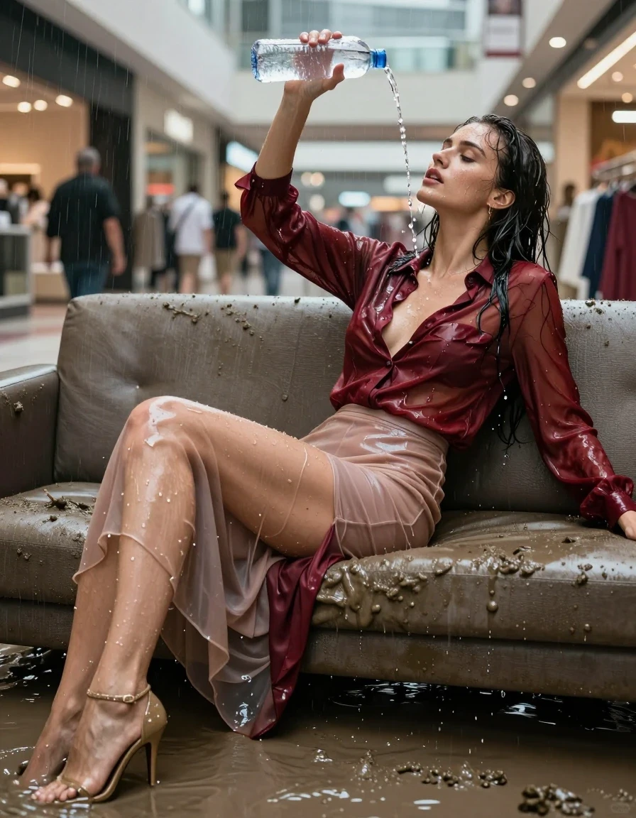 photo of young woman, in soaking wet, drenched clothes,
high-heels, see-throug, transparent, light red satin silk slim floor-length skirt, tranparent, dark red silk blouse,buttoned, long sleeves, no underwear, lying on a muddy couch in the muddy water in the shopping mall pouring a bottle of water over her head, 
enjoying, wet clothes stuck to body,
detailed textures of the wet clothes, wet face, wet plastered hair,
wet, drenched, professional, high-quality details, full body view.
sharp focus, ultra-high pixel detail, realistic, high-quality, full colors, incredibly detailed, 4k, 8k, 16k, hyper-realistic, RAW photo, masterpiece, ultra-detailed, professionally color graded, professional photograph, heavy rain, completely soaked, drenched, dripping wet, visible breasts, wet skin, wet clothes, damp fabric, wet skin, wet clothes, damp fabric, wet skin, wet clothes, damp fabric, wet skin, wet clothes, damp fabric, wet skin, wet clothes, damp fabric, wet skin, wet clothes, damp fabric