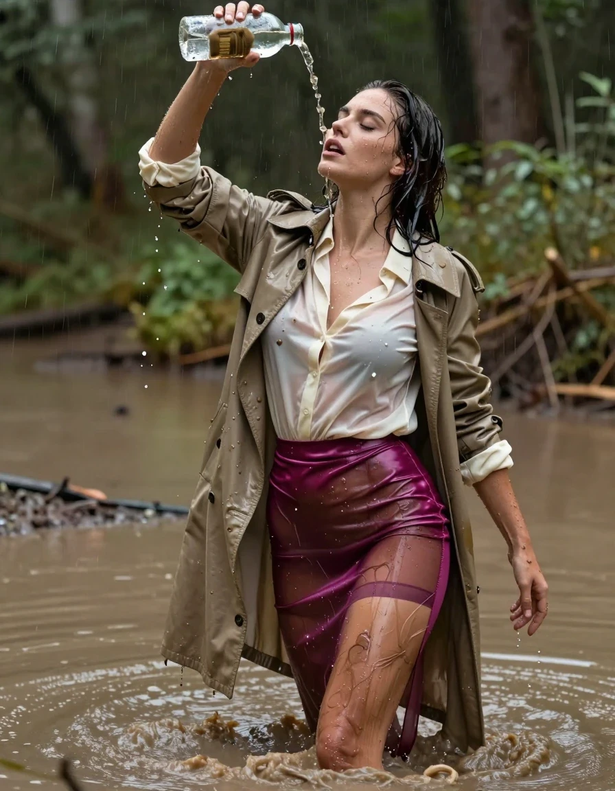 photo of young woman, in soaking wet, drenched clothes,
high-heels, see-through, transparent, magenta satin silk slim floor-length skirt, see-through, tranparent, cream white satin silk blouse, buttoned, long sleeves, trench coat, wading in a muddy puddle in the muddy water in the woods, pouring a bottle of muddy water over her head, 
enjoying, wet clothes stuck to body,
detailed textures of the wet clothes, wet face, wet plastered hair,
wet, drenched, professional, high-quality details, full body view.
sharp focus, ultra-high pixel detail, realistic, high-quality, full colors, incredibly detailed, 4k, 8k, 16k, hyper-realistic, RAW photo, masterpiece, ultra-detailed, professionally color graded, professional photograph, muddy clothes, heavy rain, completely soaked, drenched, dripping wet, visible breasts, wet skin, wet clothes, damp fabric, wet skin, wet clothes, damp fabric, wet skin, wet clothes, damp fabric, wet skin, wet clothes, damp fabric, wet skin, wet clothes, damp fabric, wet skin, wet clothes, damp fabric