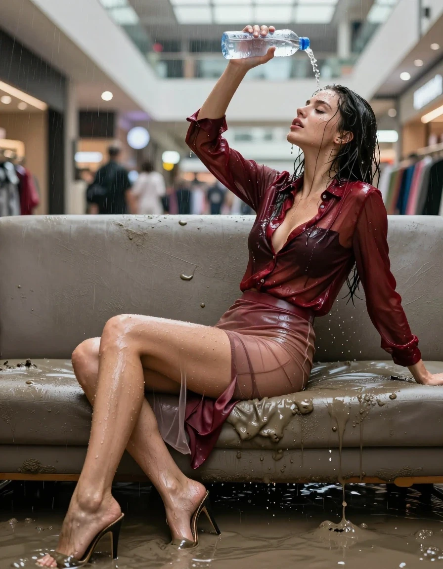 photo of young woman, in soaking wet, drenched clothes,
high-heels, see-throug, transparent, light red satin silk slim floor-length skirt, tranparent, dark red silk blouse,buttoned, long sleeves, no underwear, lying on a muddy couch in the muddy water in the shopping mall pouring a bottle of water over her head, 
enjoying, wet clothes stuck to body,
detailed textures of the wet clothes, wet face, wet plastered hair,
wet, drenched, professional, high-quality details, full body view.
sharp focus, ultra-high pixel detail, realistic, high-quality, full colors, incredibly detailed, 4k, 8k, 16k, hyper-realistic, RAW photo, masterpiece, ultra-detailed, professionally color graded, professional photograph, heavy rain, completely soaked, drenched, dripping wet, visible breasts, wet skin, wet clothes, damp fabric, wet skin, wet clothes, damp fabric, wet skin, wet clothes, damp fabric, wet skin, wet clothes, damp fabric, wet skin, wet clothes, damp fabric, wet skin, wet clothes, damp fabric