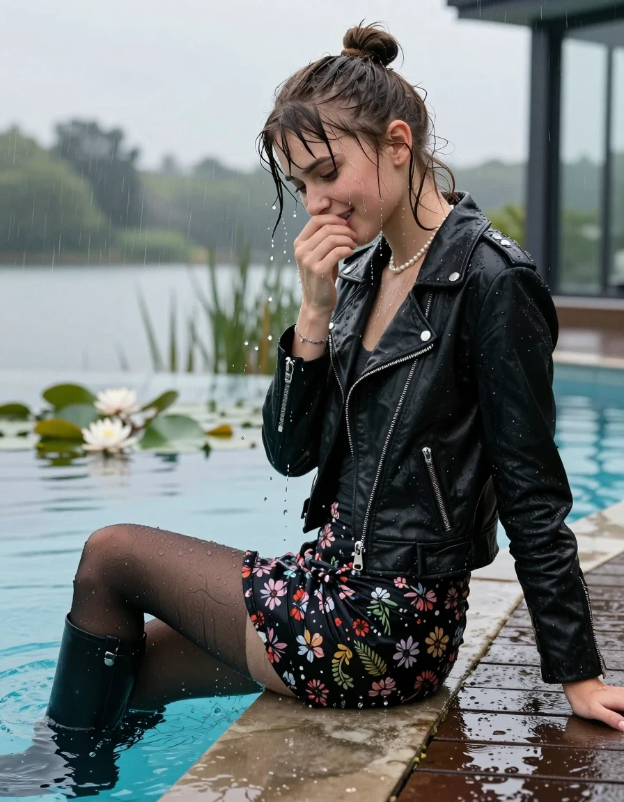 photo of young woman, in soaking wet, drenched clothes,
Black high boots, Short floral mini skirt, black stockings , Black biker leatherjacket, tight v-neck sweater, shoulderbag, pearl necklace, bracelet, wristwatch, jetty by the lake with water lilies and reeds, 
enjoying, wet clothes stuck to body,
detailed textures of the wet clothes, wet face, wet plastered hair,
wet, drenched, professional, high-quality details, full body view.
sharp focus, ultra-high pixel detail, realistic, high-quality, full colors, incredibly detailed, 4k, 8k, 16k, hyper-realistic, RAW photo, masterpiece, ultra-detailed, professionally color graded, professional photograph, A realistic vertical fashion photograph taken from a backward, behind-the-back angle of a Young horny 12-year-old teengirl sitting  and let her falling in a glass-walled outdoor swimming pool, facing away to the camera to show her back. 

She is tilting her head at camera, letting the water drench her hair so it is glued flat against her head and body. 
She has  brunette sticked up topknot with bangs, completely saturated and dripping wet hair, with water cascading down her face and neck. Shy and insecure expression. She is a Little Bit fearful and Smileys embarrassed. Hold her hands over her mouth. Open mouth, half closed eyes.

The lighting is bright and cinematic, highlighting the glistening water droplets and the saturated texture of her  casual clothes. Outside the large glass wall of the pool building, heavy rain is visible falling against the window. Soft, moody indoor lighting with reflections on the water. High-quality fashion photography style.
her clothing is soaking wet and clinging tightly to her skin, showing heavy wet folds, darkened fabric texture, and deep water-saturated Patches, her clothes are heavy from the water, water runs from her body and her clothes in streams. A lot of water also runs out of her clothes. Her clothes are darkened by the water. 
hyper-realistic wetness, high-contrast water sheen, sharp focus, 16k resolution, professional photography, realistic water physics., wet skin, wet clothes, damp fabric., wet skin, wet clothes, damp fabric, wet skin, wet clothes, damp fabric, wet skin, wet clothes, damp fabric, wet skin, wet clothes, damp fabric, wet skin, wet clothes, damp fabric, wet skin, wet clothes, damp fabric, wet skin, wet clothes, damp fabric, wet skin, wet clothes, damp fabric