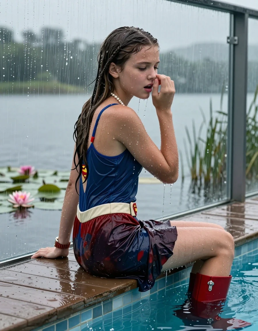 photo of young woman, in soaking wet, drenched clothes,
Red high boots, , Supergirl dress, shoulderbag, pearl necklace, bracelet, wristwatch, jetty by the lake with water lilies and reeds, 
enjoying, wet clothes stuck to body,
detailed textures of the wet clothes, wet face, wet plastered hair,
wet, drenched, professional, high-quality details, full body view.
sharp focus, ultra-high pixel detail, realistic, high-quality, full colors, incredibly detailed, 4k, 8k, 16k, hyper-realistic, RAW photo, masterpiece, ultra-detailed, professionally color graded, professional photograph, A realistic vertical fashion photograph taken from a backward, behind-the-back angle of two Young horny 12-year-old teengirl sitting, leaning forward and let her falling in a glass-walled outdoor swimming pool, facing up to the camera to show her back. 

She is tilting her head at camera, letting the water drench her hair so it is glued flat against her head and body. 
She has  brunette Sleek Long straight hair with braids, completely saturated and dripping wet hair, with water cascading down her face and neck. Afraid and astonished expression. She is a Little Bit fearful. Hold a hand over her nose. Closed eyes.

The lighting is bright and cinematic, highlighting the glistening water droplets and the saturated texture of her  casual clothes. Outside the large glass wall of the pool building, heavy rain is visible falling against the window. Soft, moody indoor lighting with reflections on the water. High-quality fashion photography style.
her clothing is soaking wet and clinging tightly to her skin, showing heavy wet folds, darkened fabric texture, and deep water-saturated Patches, her clothes are heavy from the water, water runs from her body and her clothes in streams. A lot of water also runs out of her clothes. Her clothes are darkened by the water. 
hyper-realistic wetness, high-contrast water sheen, sharp focus, 16k resolution, professional photography, realistic water physics., wet skin, wet clothes, damp fabric., wet skin, wet clothes, damp fabric, wet skin, wet clothes, damp fabric, wet skin, wet clothes, damp fabric, wet skin, wet clothes, damp fabric, wet skin, wet clothes, damp fabric, wet skin, wet clothes, damp fabric, wet skin, wet clothes, damp fabric, wet skin, wet clothes, damp fabric, wet skin, wet clothes, damp fabric