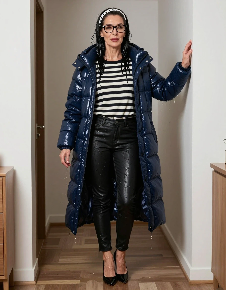 photo of young woman, in soaking wet, drenched clothes,
high-heeled shoes, long black leather jeans, midi black & white striped sweater with a neckline, maxi shiny dark blue down jacket, on the hall of his house, 
enjoying, wet clothes stuck to body,
detailed textures of the wet clothes, wet face, wet plastered hair,
wet, drenched, professional, high-quality details, full body view.
sharp focus, ultra-high pixel detail, realistic, high-quality, full colors, incredibly detailed, 4k, 8k, 16k, hyper-realistic, RAW photo, masterpiece, ultra-detailed, professionally color graded, professional photograph, european brunette skinny woman 50 years old, long dark black hair, white polka-dot headband, office glasses, very big and thick lips, complete body, wet skin, wet clothes, damp fabric, wet skin, wet clothes, damp fabric, wet skin, wet clothes, damp fabric, wet skin, wet clothes, damp fabric, wet skin, wet clothes, damp fabric, wet skin, wet clothes, damp fabric, wet skin, wet clothes, damp fabric