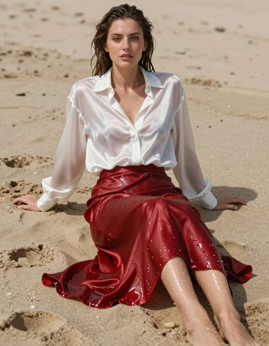 A photorealistic full-body shot of a young adult European woman sunbathing on an empty beach, her skin and hair glistening with a realistic wet sheen and damp texture. She is wearing an oversized white satin long-sleeved buttoned-down blouse, the fabric visibly soaked, translucent, and clinging to her form with heavy folds and high-gloss wet highlights, paired with a floor-length red silk skirt that is drenched, dark, and heavy with water, clinging to her legs and the sand. She is barefoot, with sand clinging to her damp skin. The scene is captured in natural, bright daylight, emphasizing the sharp contrast between the light-colored wet satin and the deep, saturated red of the soaked silk. The composition features a shallow depth of field, focused on the textures of the wet fabric against the grainy, damp sand of the beach, with high-resolution photographic detail, realistic water absorption, and strong specular reflections on the wet surfaces.