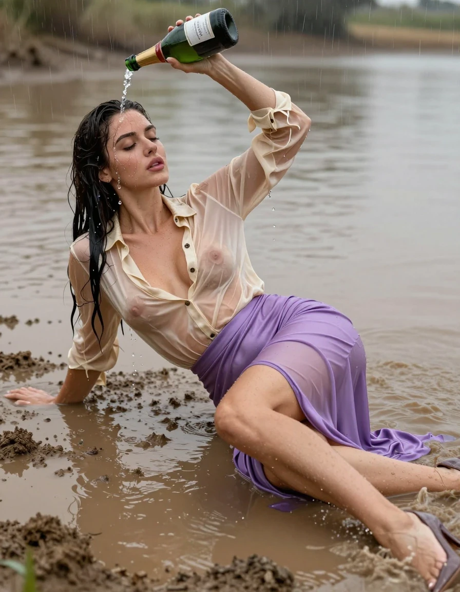photo of young woman, in soaking wet, drenched clothes,
high-heels, see-throug hlight purple satin silk slim floor-length skirt, tranparent, light golden silk blouse,buttoned, long sleeves, no underwear, lying in the muddy mud lake in the water, 
enjoying, wet clothes stuck to body,
detailed textures of the wet clothes, wet face, wet plastered hair,
wet, drenched, professional, high-quality details, full body view.
sharp focus, ultra-high pixel detail, realistic, high-quality, full colors, incredibly detailed, 4k, 8k, 16k, hyper-realistic, RAW photo, masterpiece, ultra-detailed, professionally color graded, professional photograph, heavy rain, completely soaked, drenched, dripping wet, visible breasts, she pours a bottle of champagne over her head, wet skin, wet clothes, damp fabric, wet skin, wet clothes, damp fabric, wet skin, wet clothes, damp fabric, wet skin, wet clothes, damp fabric