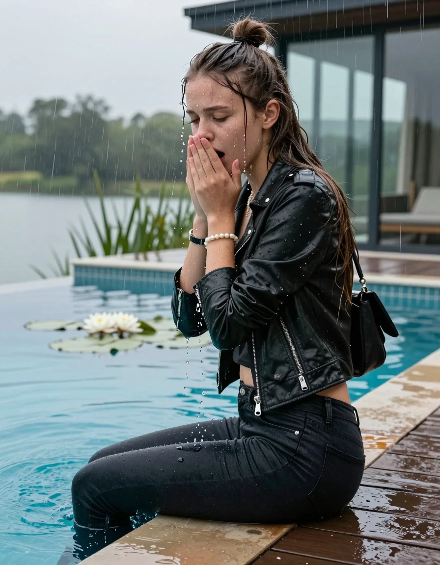 photo of young woman, in soaking wet, drenched clothes,
White Adidas Samba , Tight dark Levis skinny jeans, biker leatherjacket, crop top, shoulderbag, pearl necklace, bracelet, wristwatch, jetty by the lake with water lilies and reeds, 
enjoying, wet clothes stuck to body,
detailed textures of the wet clothes, wet face, wet plastered hair,
wet, drenched, professional, high-quality details, full body view.
sharp focus, ultra-high pixel detail, realistic, high-quality, full colors, incredibly detailed, 4k, 8k, 16k, hyper-realistic, RAW photo, masterpiece, ultra-detailed, professionally color graded, professional photograph, A realistic vertical fashion photograph taken from a backward, behind-the-back angle of a. Young horny 12-year-old teengirl sitting, leaning forward and let her falling in a glass-walled outdoor swimming pool, facing up to the camera to show her back. 

She is tilting her head at camera, letting the water drench her hair so it is glued flat against her head and body. 
She has  brunette Sleek Long straight hair with a topknot, completely saturated and dripping wet hair, with water cascading down her face and neck. Afraid and astonished expression. She is a Little Bit fearful. Hold her hands over her mouth. Closed eyes.

The lighting is bright and cinematic, highlighting the glistening water droplets and the saturated texture of her  casual clothes. Outside the large glass wall of the pool building, heavy rain is visible falling against the window. Soft, moody indoor lighting with reflections on the water. High-quality fashion photography style.
her clothing is soaking wet and clinging tightly to her skin, showing heavy wet  darkened fabric texture, her clothes are heavy from the water, water runs from her body and her clothes in streams. A lot of water also runs out of her clothes. Her clothes are darkened by the water. 
hyper-realistic wetness, high-contrast water sheen, sharp focus, 16k resolution, professional photography, realistic water physics., wet skin, wet clothes, damp fabric., wet skin, wet clothes, damp fabric, wet skin, wet clothes, damp fabric, wet skin, wet clothes, damp fabric, wet skin, wet clothes, damp fabric, wet skin, wet clothes, damp fabric, wet skin, wet clothes, damp fabric, wet skin, wet clothes, damp fabric, wet skin, wet clothes, damp fabric, wet skin, wet clothes, damp fabric