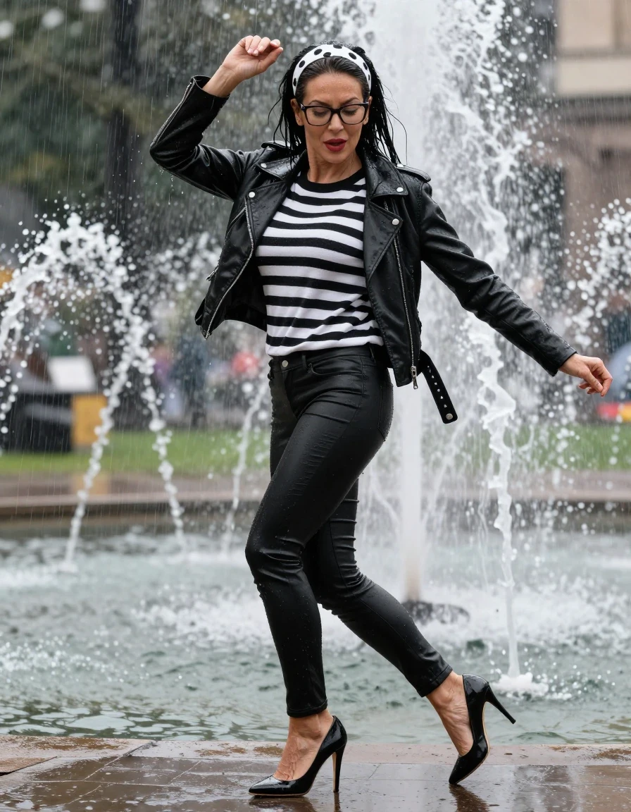 photo of young woman, in soaking wet, drenched clothes,
high-heeled shoes, long black leather jeans, midi black & white striped sweater with a neckline, , black byker leather jacket, dancing under hard rain in fountain, 
enjoying, wet clothes stuck to body,
detailed textures of the wet clothes, wet face, wet plastered hair,
wet, drenched, professional, high-quality details, full body view.
sharp focus, ultra-high pixel detail, realistic, high-quality, full colors, incredibly detailed, 4k, 8k, 16k, hyper-realistic, RAW photo, masterpiece, ultra-detailed, professionally color graded, professional photograph, european brunette skinny woman 50 years old, long dark black hair, white polka-dot headband, office glasses, very big and thick lips, complete body, wet skin, wet clothes, damp fabric, wet skin, wet clothes, damp fabric, wet skin, wet clothes, damp fabric, wet skin, wet clothes, damp fabric, wet skin, wet clothes, damp fabric, wet skin, wet clothes, damp fabric, wet skin, wet clothes, damp fabric