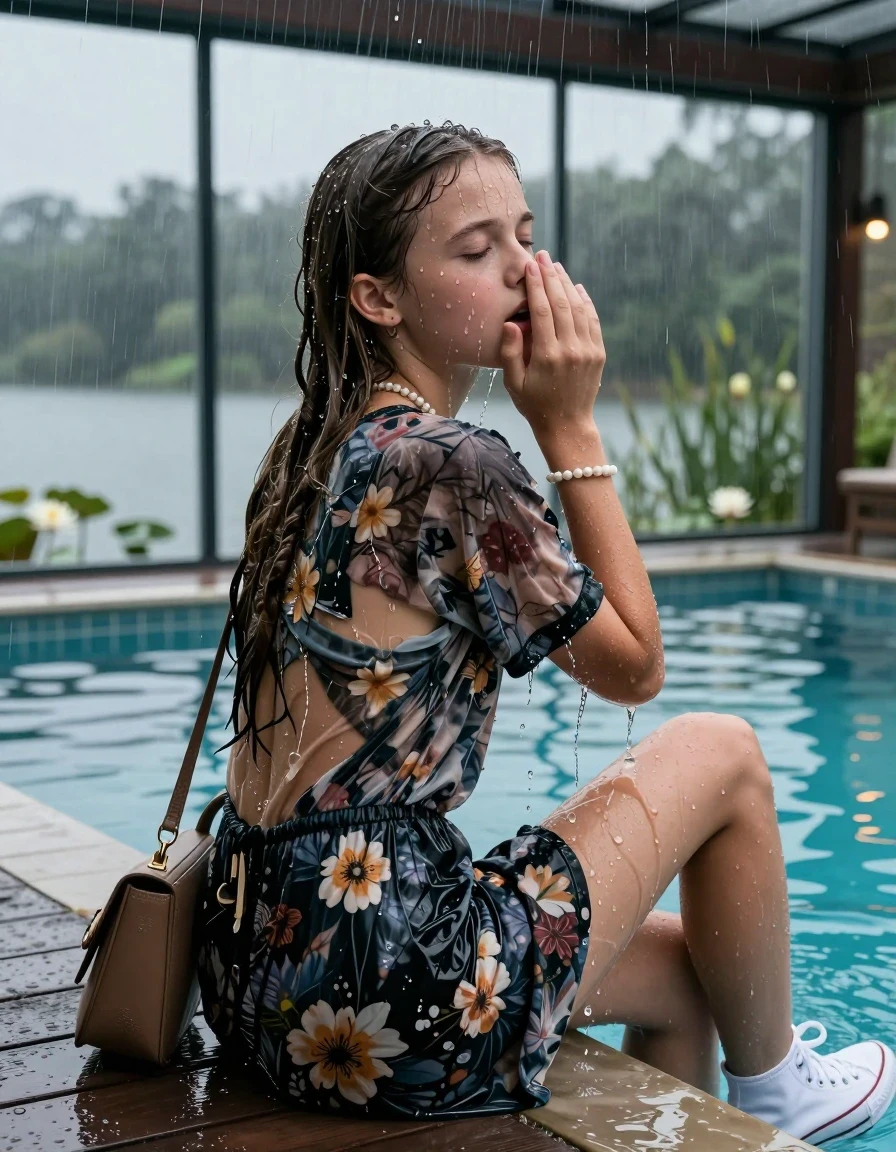 photo of young woman, in soaking wet, drenched clothes,
White converse, , Short floral dress, shoulderbag, pearl necklace, bracelet, wristwatch, jetty by the lake with water lilies and reeds, 
enjoying, wet clothes stuck to body,
detailed textures of the wet clothes, wet face, wet plastered hair,
wet, drenched, professional, high-quality details, full body view.
sharp focus, ultra-high pixel detail, realistic, high-quality, full colors, incredibly detailed, 4k, 8k, 16k, hyper-realistic, RAW photo, masterpiece, ultra-detailed, professionally color graded, professional photograph, A realistic vertical fashion photograph taken from a backward, behind-the-back angle of a. Young horny 12-year-old teengirl sitting, leaning forward and let her falling in a glass-walled outdoor swimming pool, facing up to the camera to show her back. 

She is tilting her head at camera, letting the water drench her hair so it is glued flat against her head and body. 
She has  brunette Sleek Long straight hair with braids, completely saturated and dripping wet hair, with water cascading down her face and neck. Afraid and astonished expression. She is a Little Bit fearful. Hold her hands over her nose. Closed eyes.

The lighting is bright and cinematic, highlighting the glistening water droplets and the saturated texture of her  casual clothes. Outside the large glass wall of the pool building, heavy rain is visible falling against the window. Soft, moody indoor lighting with reflections on the water. High-quality fashion photography style.
her clothing is soaking wet and clinging tightly to her skin, showing heavy wet folds, darkened fabric texture, and deep water-saturated Patches, her clothes are heavy from the water, water runs from her body and her clothes in streams. A lot of water also runs out of her clothes. Her clothes are darkened by the water. 
hyper-realistic wetness, high-contrast water sheen, sharp focus, 16k resolution, professional photography, realistic water physics., wet skin, wet clothes, damp fabric., wet skin, wet clothes, damp fabric, wet skin, wet clothes, damp fabric, wet skin, wet clothes, damp fabric, wet skin, wet clothes, damp fabric, wet skin, wet clothes, damp fabric, wet skin, wet clothes, damp fabric, wet skin, wet clothes, damp fabric, wet skin, wet clothes, damp fabric, wet skin, wet clothes, damp fabric