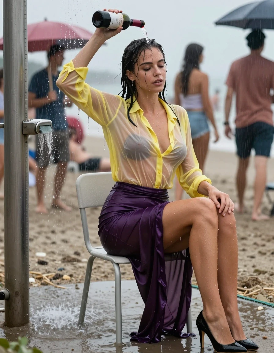 photo of young woman, in soaking wet, drenched clothes,
high-heels, see-through dark purple satin silk slim floor-length skirt, tranparent, dark yellow silk blouse,buttoned, long sleeves, no underwear, sitting on a chair in the water of a shower at the crowded beach, 
enjoying, wet clothes stuck to body,
detailed textures of the wet clothes, wet face, wet plastered hair,
wet, drenched, professional, high-quality details, full body view.
sharp focus, ultra-high pixel detail, realistic, high-quality, full colors, incredibly detailed, 4k, 8k, 16k, hyper-realistic, RAW photo, masterpiece, ultra-detailed, professionally color graded, professional photograph, heavy rain, completely soaked, drenched, dripping wet, visible breasts, she pours a bottle of red wine over her head, wet skin, wet clothes, damp fabric, wet skin, wet clothes, damp fabric, wet skin, wet clothes, damp fabric, wet skin, wet clothes, damp fabric