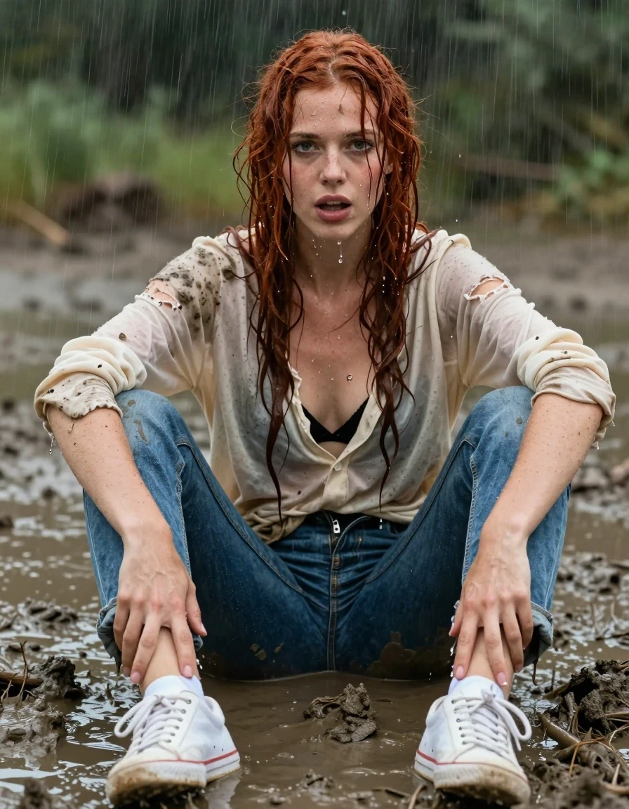 photo of young woman, in soaking wet, drenched clothes,
white sneakers and socks, long blue  jeans slightly muddy and soaked, jeans open at the zipper revealing black panties, soaked cream colored muddy sweater ripped open to reveal  white blouse with black brabra, sitting in  muddy swamp, 
enjoying, wet clothes stuck to body,
detailed textures of the wet clothes, wet face, wet plastered hair,
wet, drenched, professional, high-quality details, full body view.
sharp focus, ultra-high pixel detail, realistic, high-quality, full colors, incredibly detailed, 4k, 8k, 16k, hyper-realistic, RAW photo, masterpiece, ultra-detailed, professionally color graded, professional photograph, very long red  hair soaked hanging down around shoulders. Mad expression like she was thrown into the water, wet skin, wet clothes, damp fabric,  hands on knees, face looking straight ahead, mouthing "why?"  hands on knees, pouring rain dripping off of her, wet skin, wet clothes, damp fabric