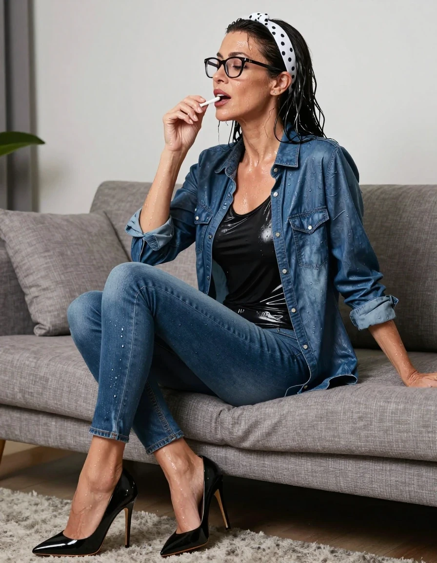 photo of young woman, in soaking wet, drenched clothes,
high-heeled shoes, long blue shiny jeans, shiny black t-shirt, midi blue shiny denim shirt with long sleeves, on the sofa on the hall of his house, 
enjoying, wet clothes stuck to body,
detailed textures of the wet clothes, wet face, wet plastered hair,
wet, drenched, professional, high-quality details, full body view.
sharp focus, ultra-high pixel detail, realistic, high-quality, full colors, incredibly detailed, 4k, 8k, 16k, hyper-realistic, RAW photo, masterpiece, ultra-detailed, professionally color graded, professional photograph, european brunette skinny woman 50 years old, long dark black hair, white polka-dot headband, office glasses, very big and thick lips, complete body, wet skin, wet clothes, damp fabric, wet skin, wet clothes, damp fabric, wet skin, wet clothes, damp fabric, wet skin, wet clothes, damp fabric, wet skin, wet clothes, damp fabric, wet skin, wet clothes, damp fabric, wet skin, wet clothes, damp fabric
