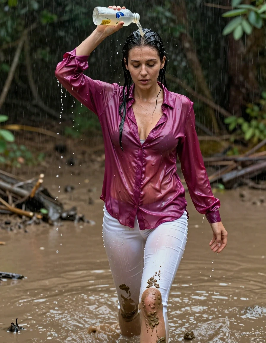 photo of young woman, in soaking wet, drenched clothes,
, white jeans, dripping wet, shiny, see-through, tranparent, oversized magenta satin silk blouse, buttoned, long sleeves, no bra, shower, walking in a knee deep muddy puddle in the muddy water in the woods, pouring a bottle of muddy water over her head, 
enjoying, wet clothes stuck to body,
detailed textures of the wet clothes, wet face, wet plastered hair,
wet, drenched, professional, high-quality details, full body view.
sharp focus, ultra-high pixel detail, realistic, high-quality, full colors, incredibly detailed, 4k, 8k, 16k, hyper-realistic, RAW photo, masterpiece, ultra-detailed, professionally color graded, professional photograph, muddy clothes, heavy rain, completely soaked, drenched, dripping wet, visible breasts, wet skin, mud in her hair, wet clothes, damp fabric, wet skin, wet clothes, damp fabric, wet skin, wet clothes, damp fabric, wet skin, wet clothes, damp fabric, wet clothes, damp fabric, wet skin, wet clothes, damp fabric
